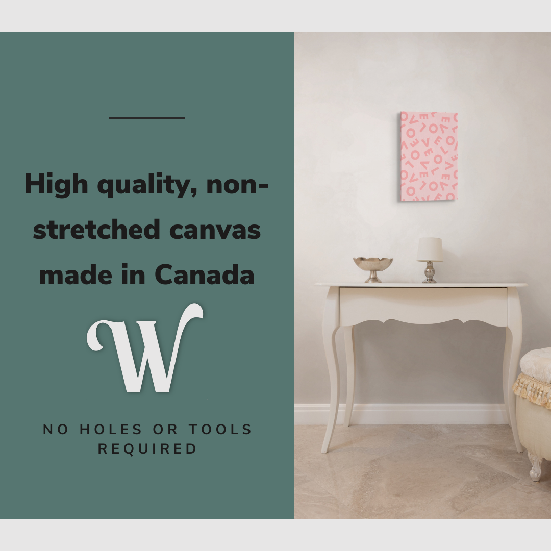 Lifestyle image of the vertical, 12x18 inch easy to hang canvas wall art hung in in a bedroom hung above a makeup vanity with graphic saying "High quality, non-stretched canvas made in Canada"
