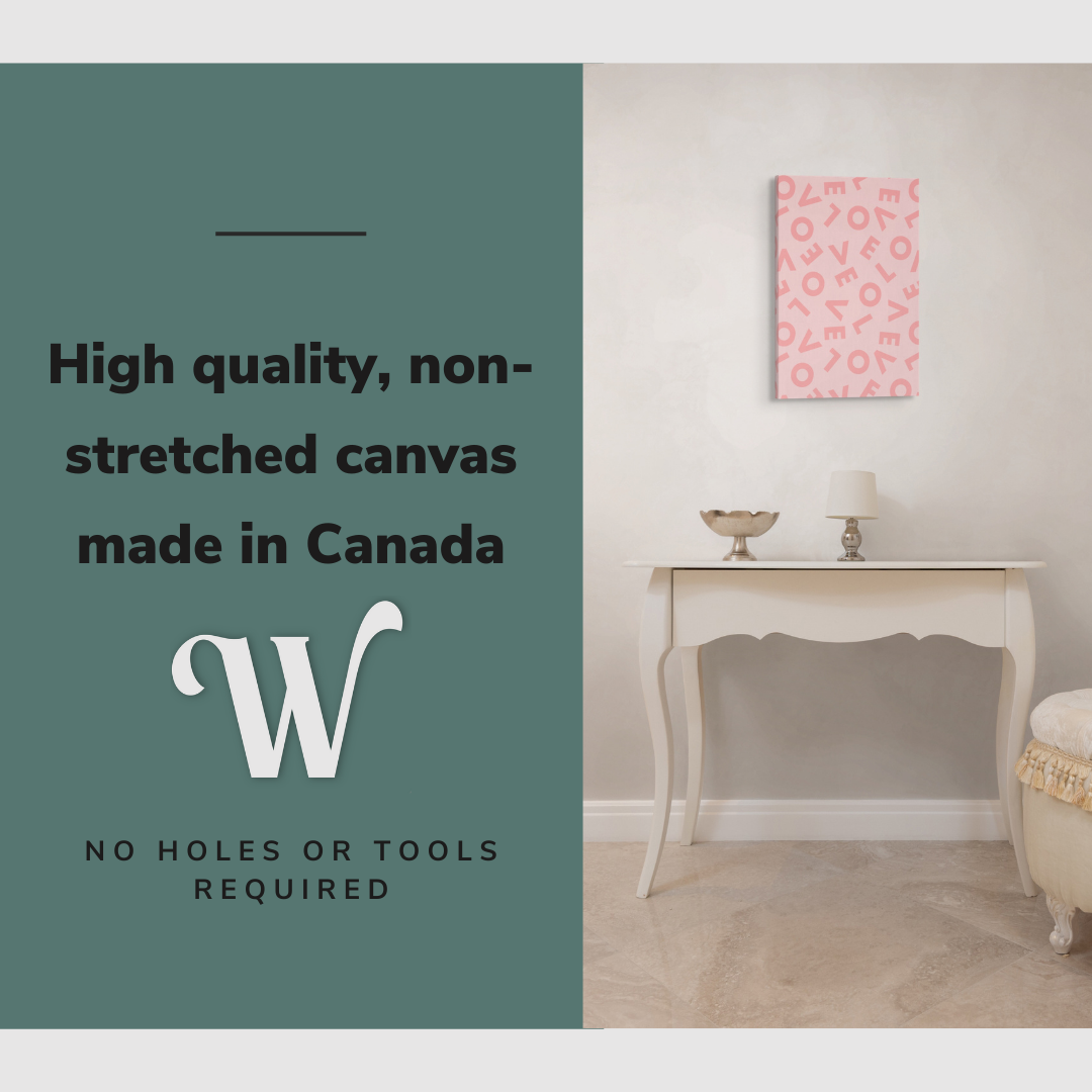 Lifestyle image of the vertical, 16x24 inch easy to hang canvas wall art hung in in a bedroom hung above a makeup vanity with graphic saying "High quality, non-stretched canvas made in Canada"