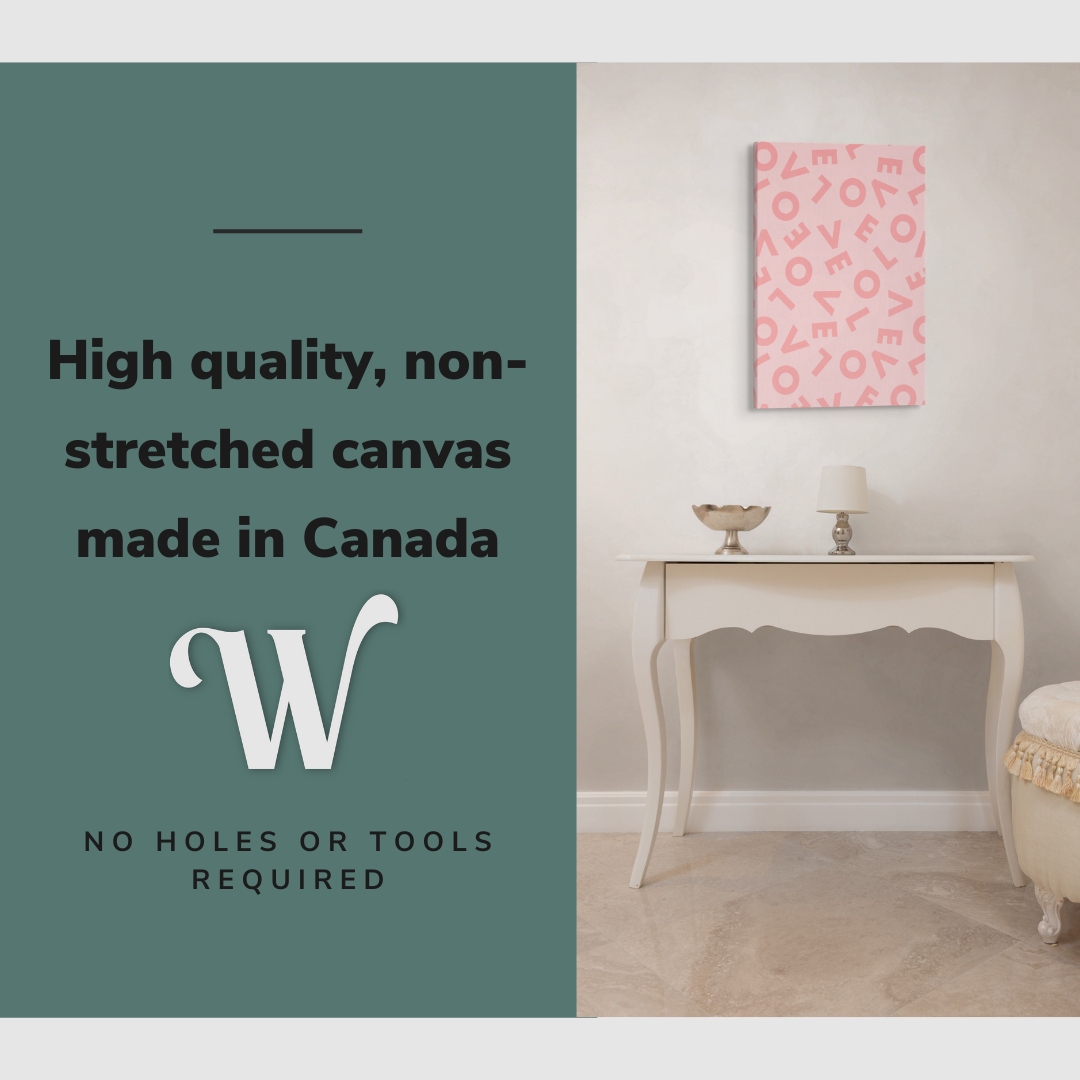 Lifestyle image of the vertical, 20x30 inch easy to hang canvas wall art hung in in a bedroom hung above a makeup vanity with graphic saying "High quality, non-stretched canvas made in Canada"