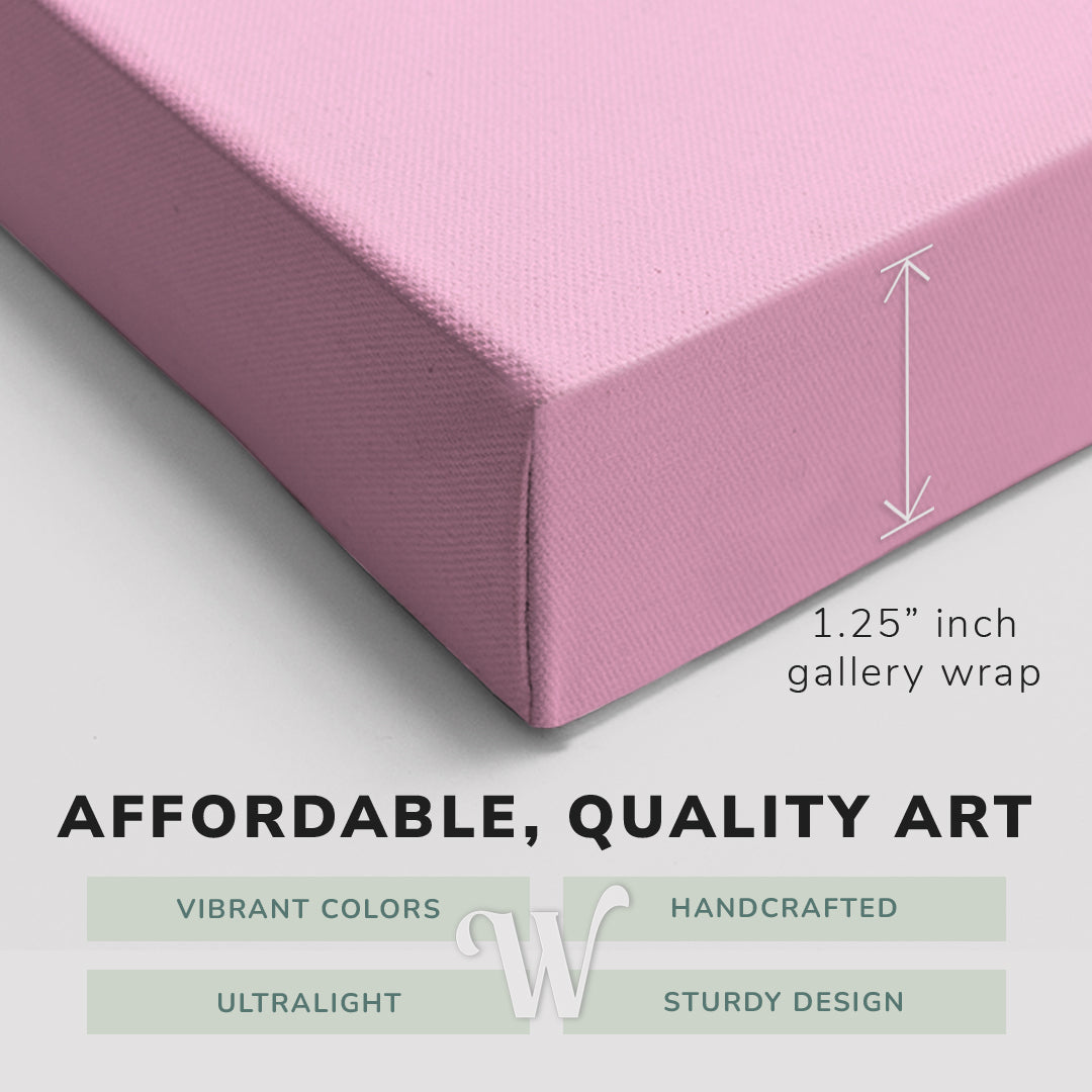Corner shot of a Whelhung easy to hang canvas print showing the 1.25" inch gallery wrap thickness and graphic saying "Affordable, Quality Art", "Vibrant Colors", "Handcrafted", "Ultralight" and "Sturdy Design."