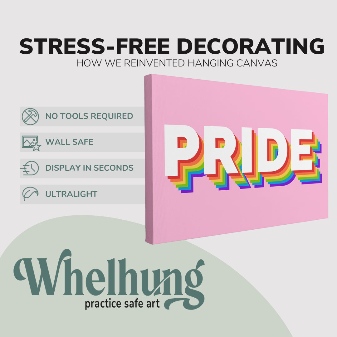 single, 2:3 horizontal easy to hang canvas print on a graphic displaying the stress-free decorating Whelhung offers, how we reinvented hanging canvas: "no tools required", "wall safe"", "display in seconds" and "ultralight."