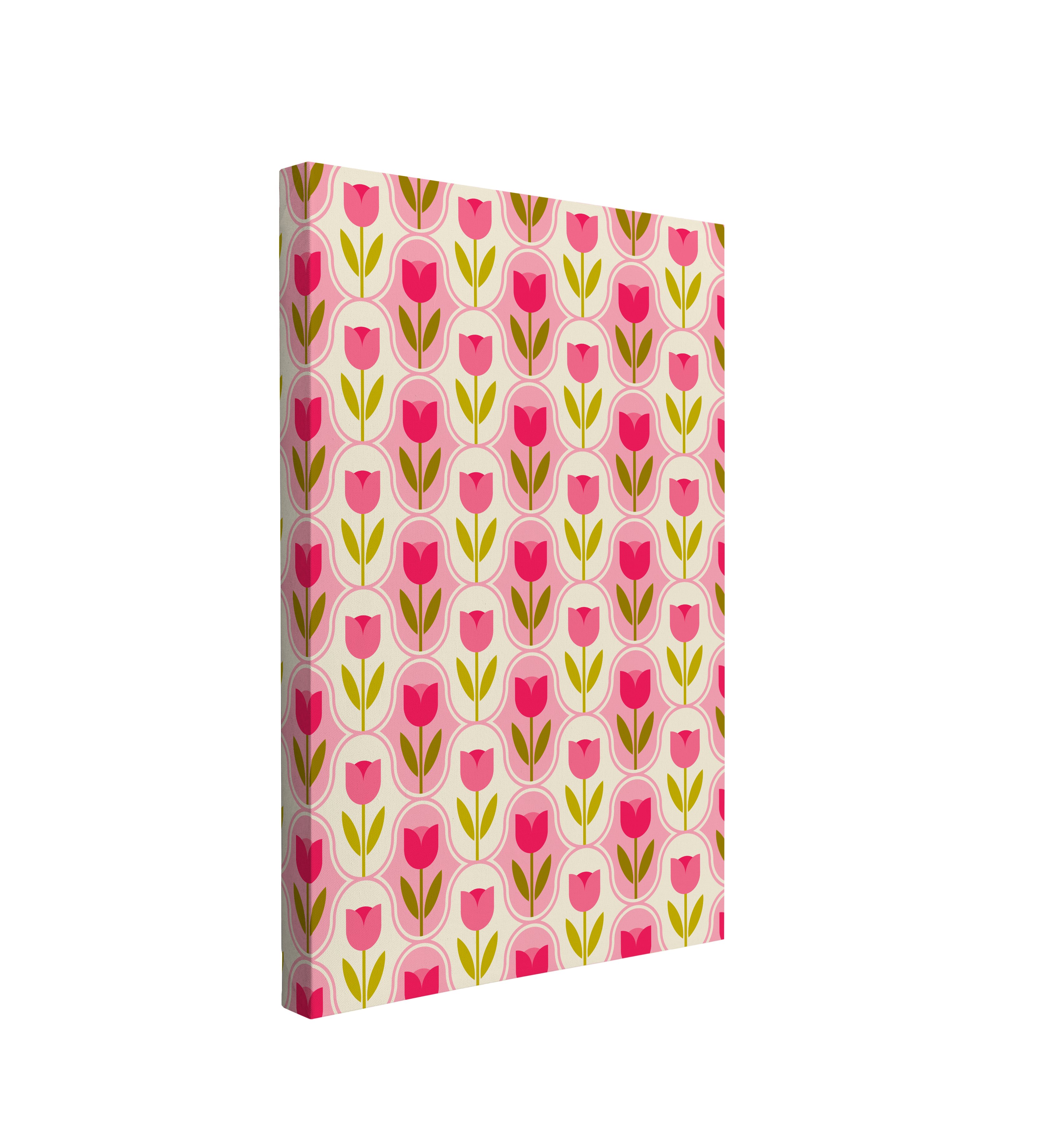 single, 2:3 vertical easy to hang canvas print on a transparent background featuring an image of a retro pattern of a tiny pink tulip graphic