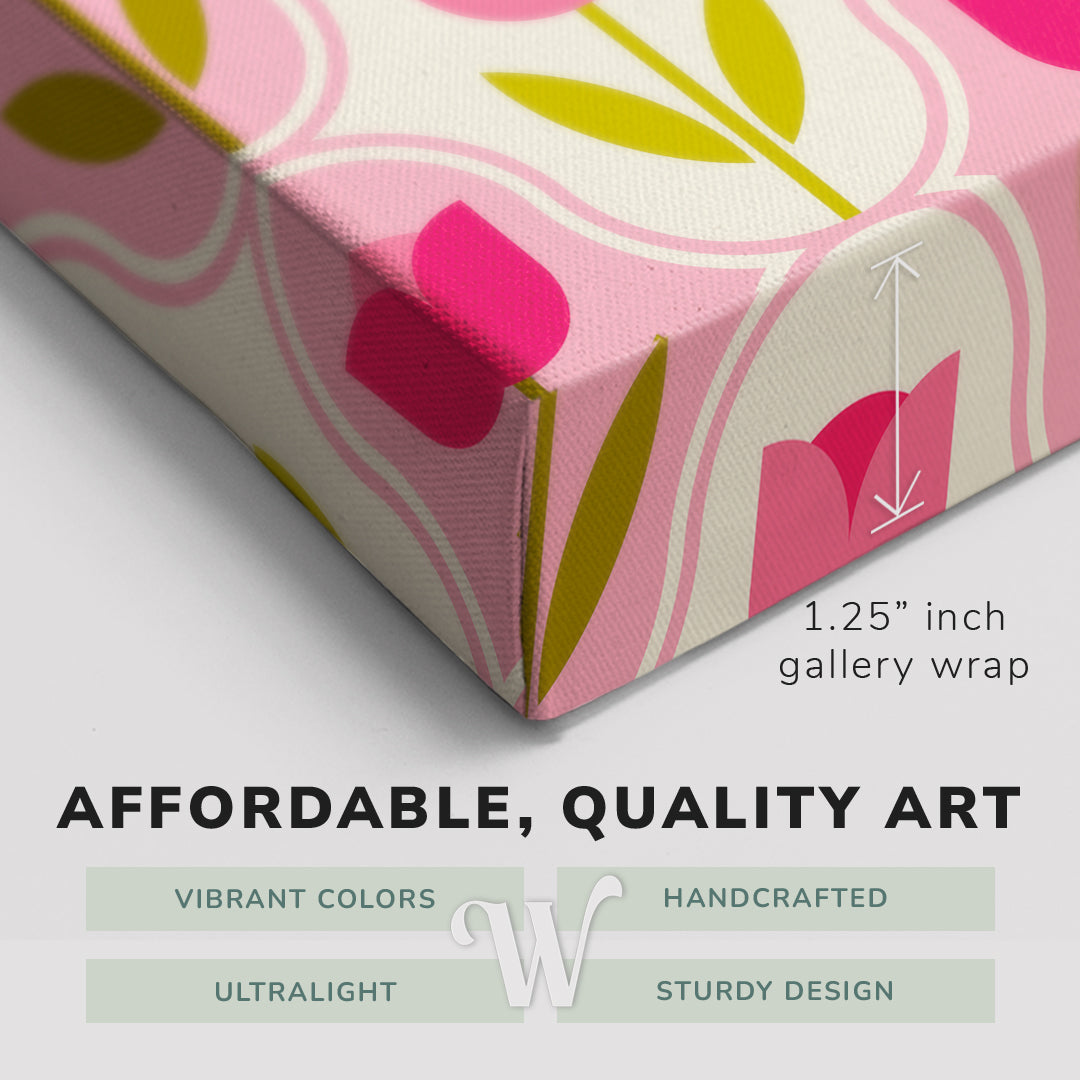 Corner shot of a Whelhung easy to hang canvas print showing the 1.25" inch gallery wrap thickness and graphic saying "Affordable, Quality Art", "Vibrant Colors", "Handcrafted", "Ultralight" and "Sturdy Design."