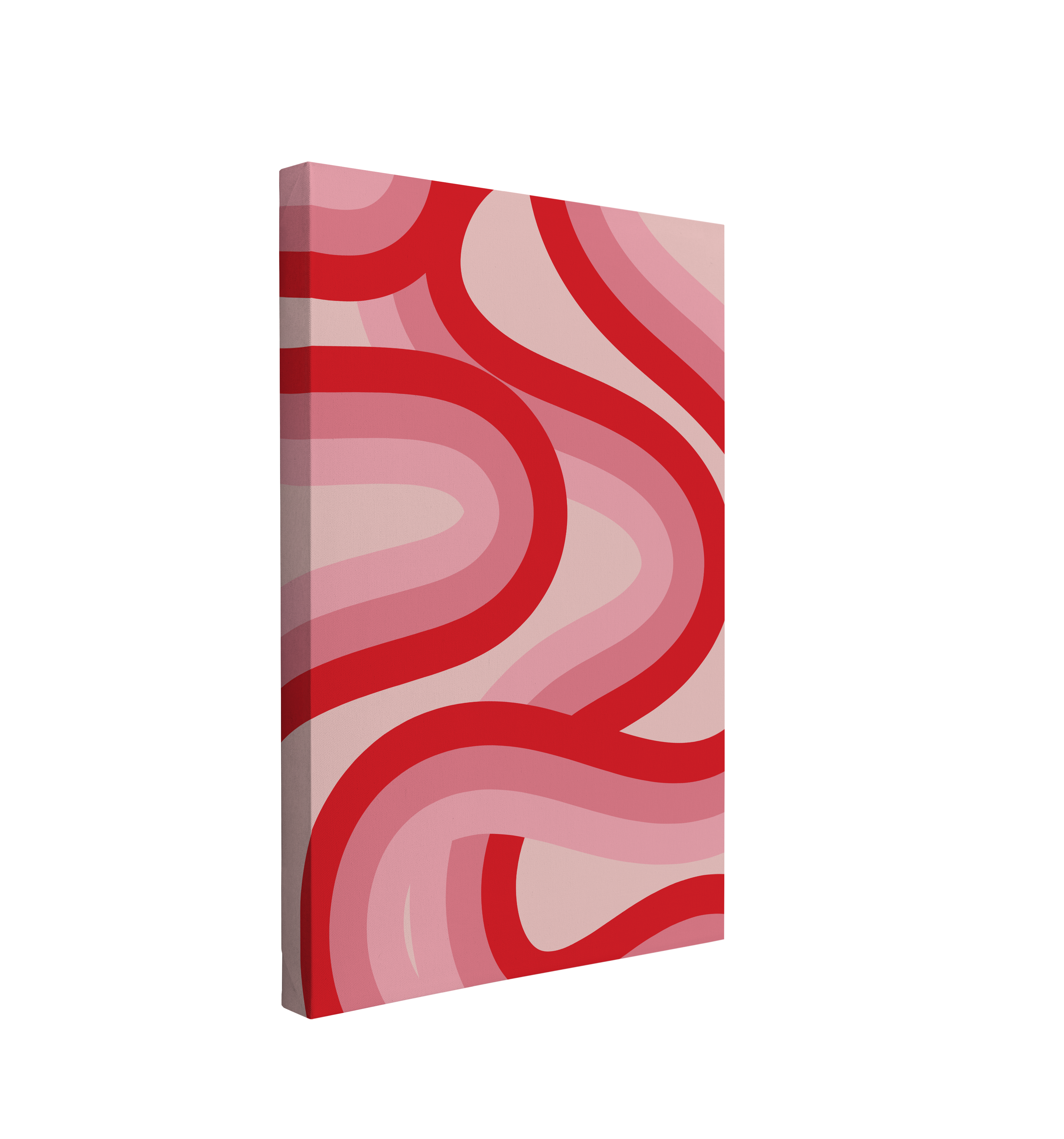 single, 2:3 vertical easy to hang canvas print on a transparent background featuring an image of abstract modern waves in different shades of pink red and white