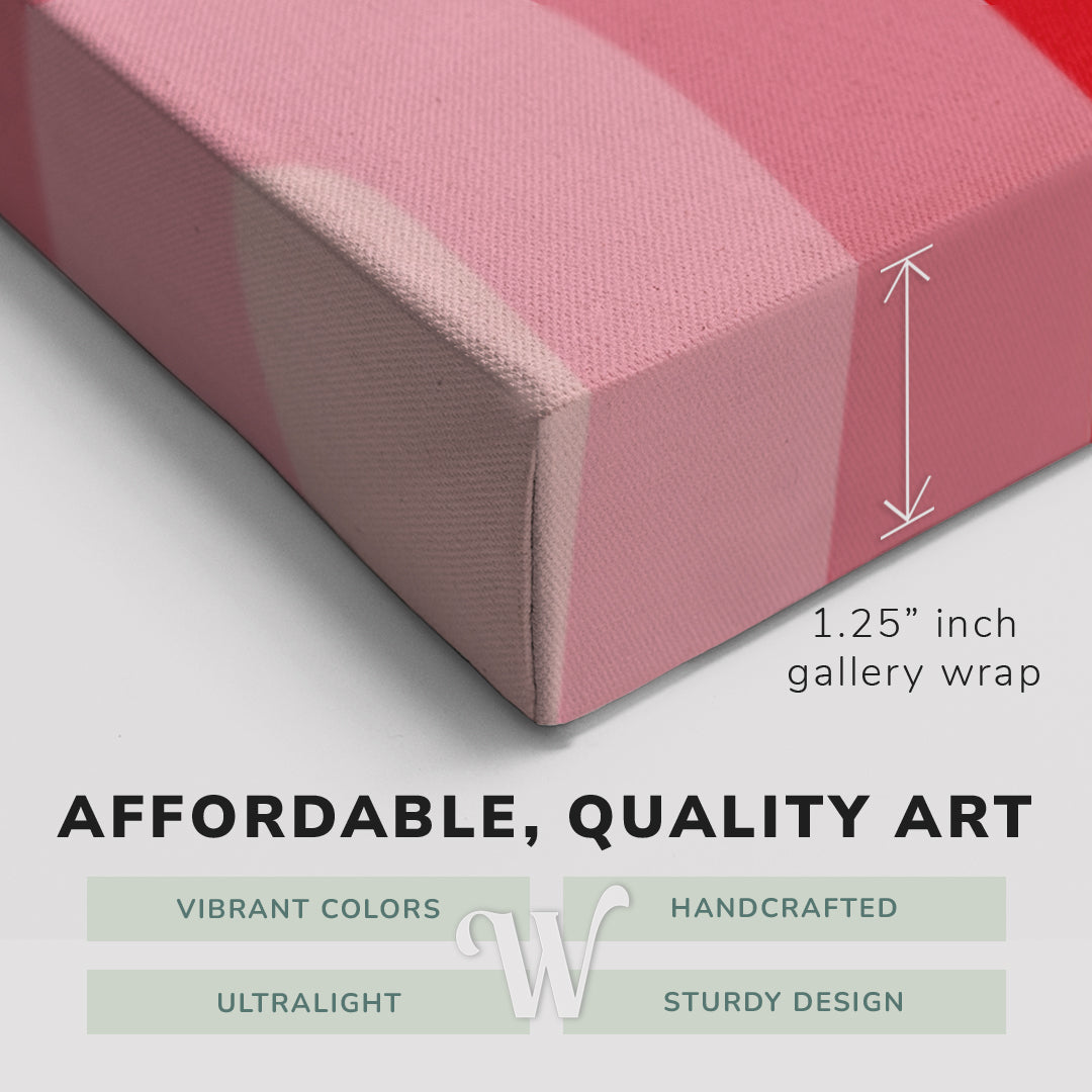 Corner shot of a Whelhung easy to hang canvas print showing the 1.25" inch gallery wrap thickness and graphic saying "Affordable, Quality Art", "Vibrant Colors", "Handcrafted", "Ultralight" and "Sturdy Design."