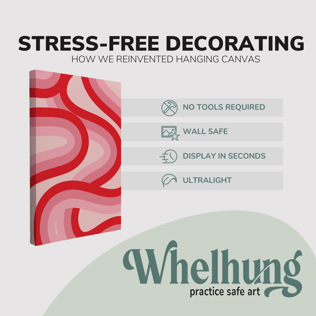 single, 2:3 vertical easy to hang canvas print on a graphic displaying the stress-free decorating Whelhung offers, how we reinvented hanging canvas: "no tools required", "wall safe"", "display in seconds" and "ultralight."