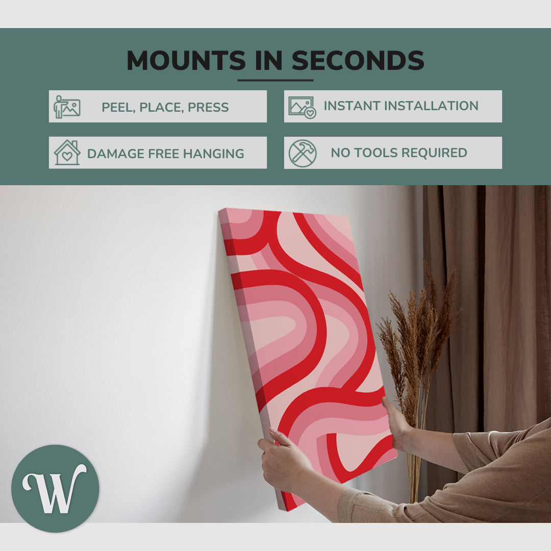 graphic showing hanging a single 2:3 vertical 20x30 inch easy to hang canvas showing how easy it is to hang. Mounts in seconds, "peel, place, press", "instant installation", "damage free hanging" and "no tools required."