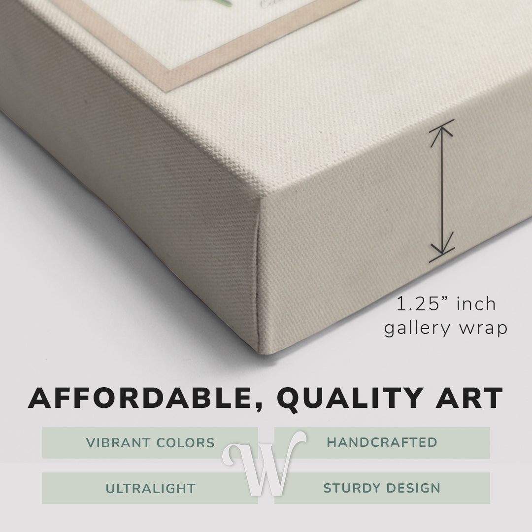 Corner shot of a Whelhung easy to hang canvas print showing the 1.25" inch gallery wrap thickness and graphic saying "Affordable, Quality Art", "Vibrant Colors", "Handcrafted", "Ultralight" and "Sturdy Design."