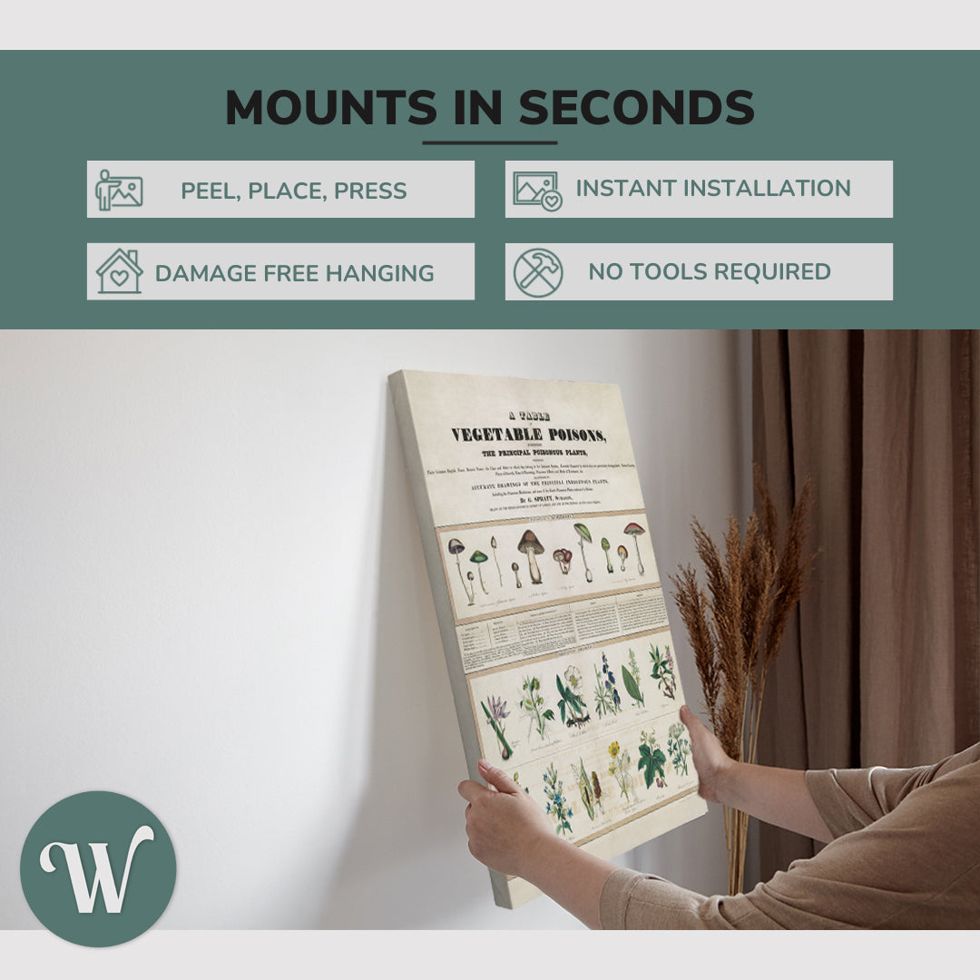 graphic showing hanging a single 2:3 vertical 20x30 inch easy to hang canvas showing how easy it is to hang. Mounts in seconds, "peel, place, press", "instant installation", "damage free hanging" and "no tools required."