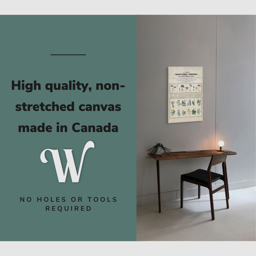 Lifestyle image of the vertical, 20x30 inch easy to hang canvas wall art hung in an minimalist dark academia office above a desk and chair with graphic saying "High quality, non-stretched canvas made in Canada"