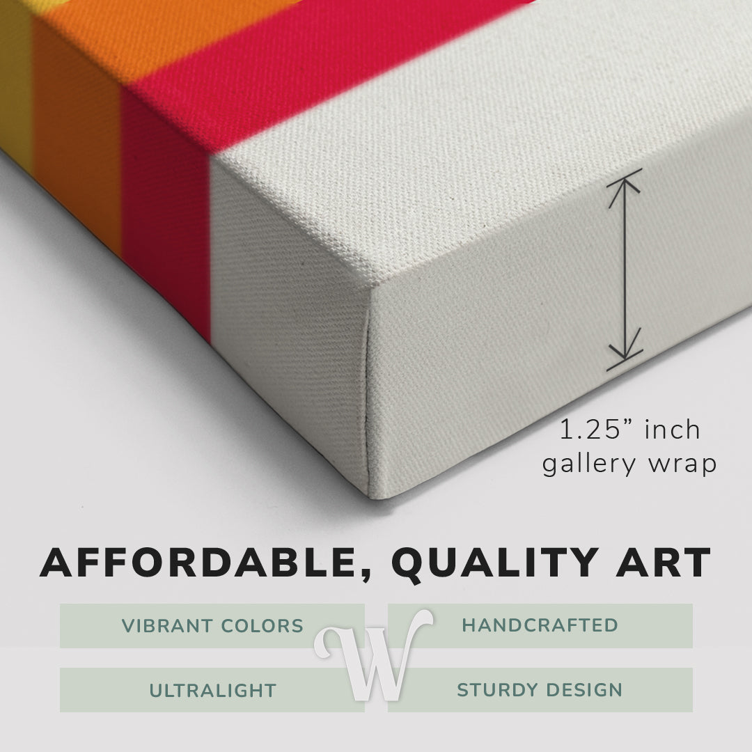 Corner shot of a Whelhung easy to hang canvas print showing the 1.25" inch gallery wrap thickness and graphic saying "Affordable, Quality Art", "Vibrant Colors", "Handcrafted", "Ultralight" and "Sturdy Design."
