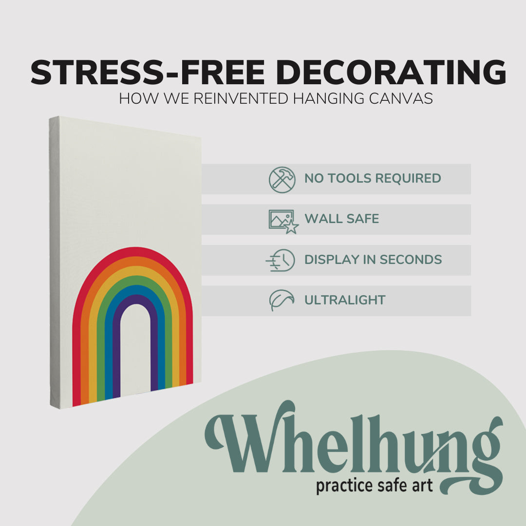 single, 2:3 vertical easy to hang canvas print on a graphic displaying the stress-free decorating Whelhung offers, how we reinvented hanging canvas: "no tools required", "wall safe"", "display in seconds" and "ultralight."