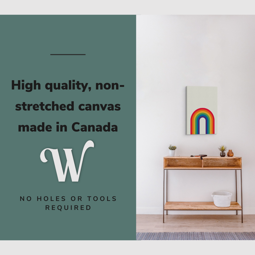 Lifestyle image of the vertical, 16x24 inch easy to hang canvas wall art hung in a minimalist hallway hung over a credenza with graphic saying "High quality, non-stretched canvas made in Canada"