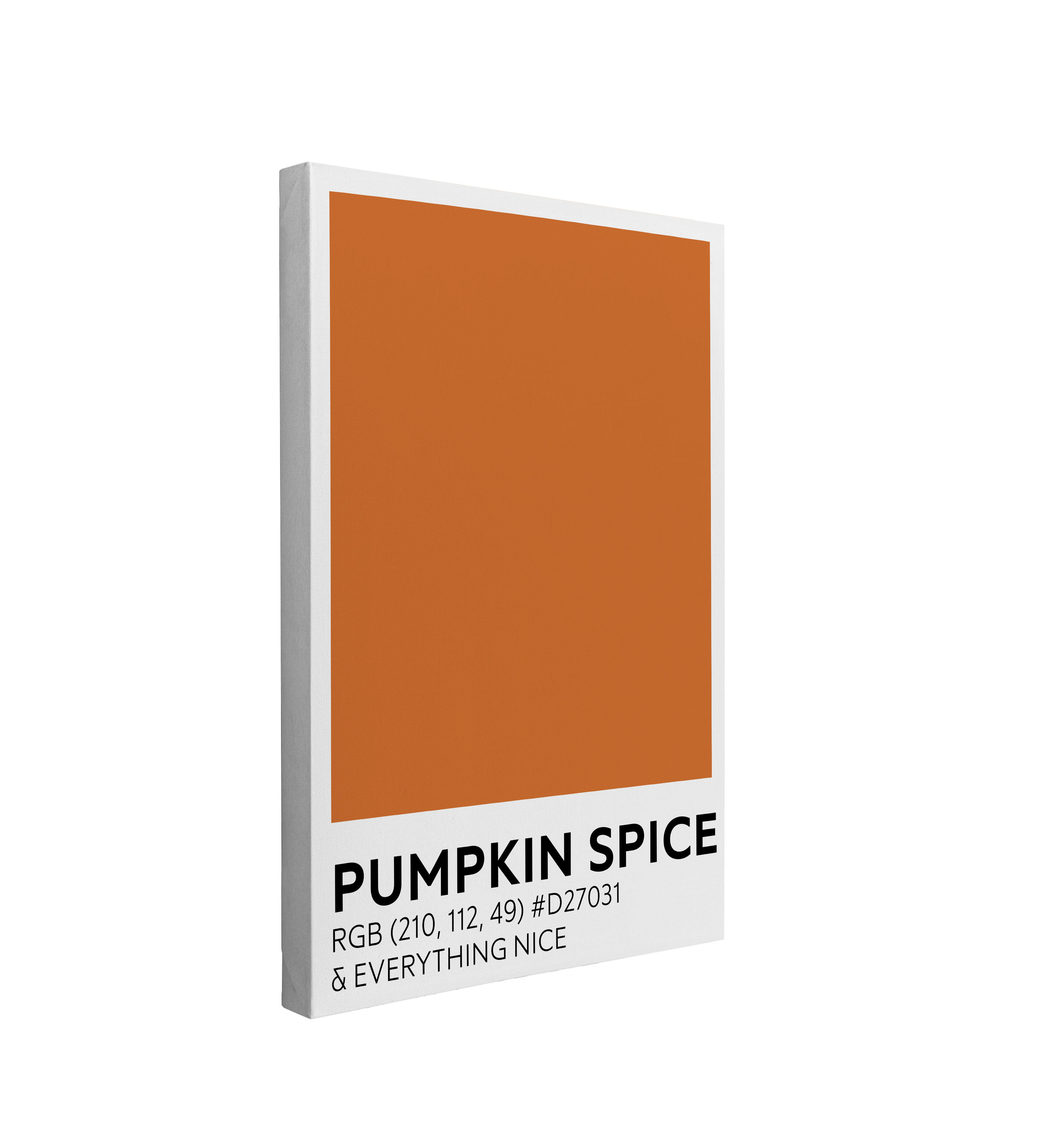 single, 2:3 vertical easy to hang canvas print on a transparent background featuring an image of an orange color swatch labeled "Pumpkin Spice" with the RBG code and "Everything nice" in black