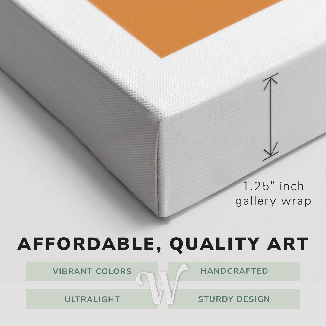 Corner shot of a Whelhung easy to hang canvas print showing the 1.25" inch gallery wrap thickness and graphic saying "Affordable, Quality Art", "Vibrant Colors", "Handcrafted", "Ultralight" and "Sturdy Design."