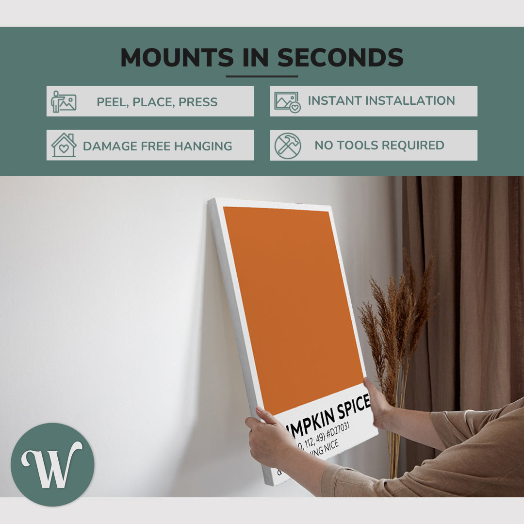 graphic showing hanging a single 2:3 vertical 20x30 inch easy to hang canvas showing how easy it is to hang. Mounts in seconds, "peel, place, press", "instant installation", "damage free hanging" and "no tools required."