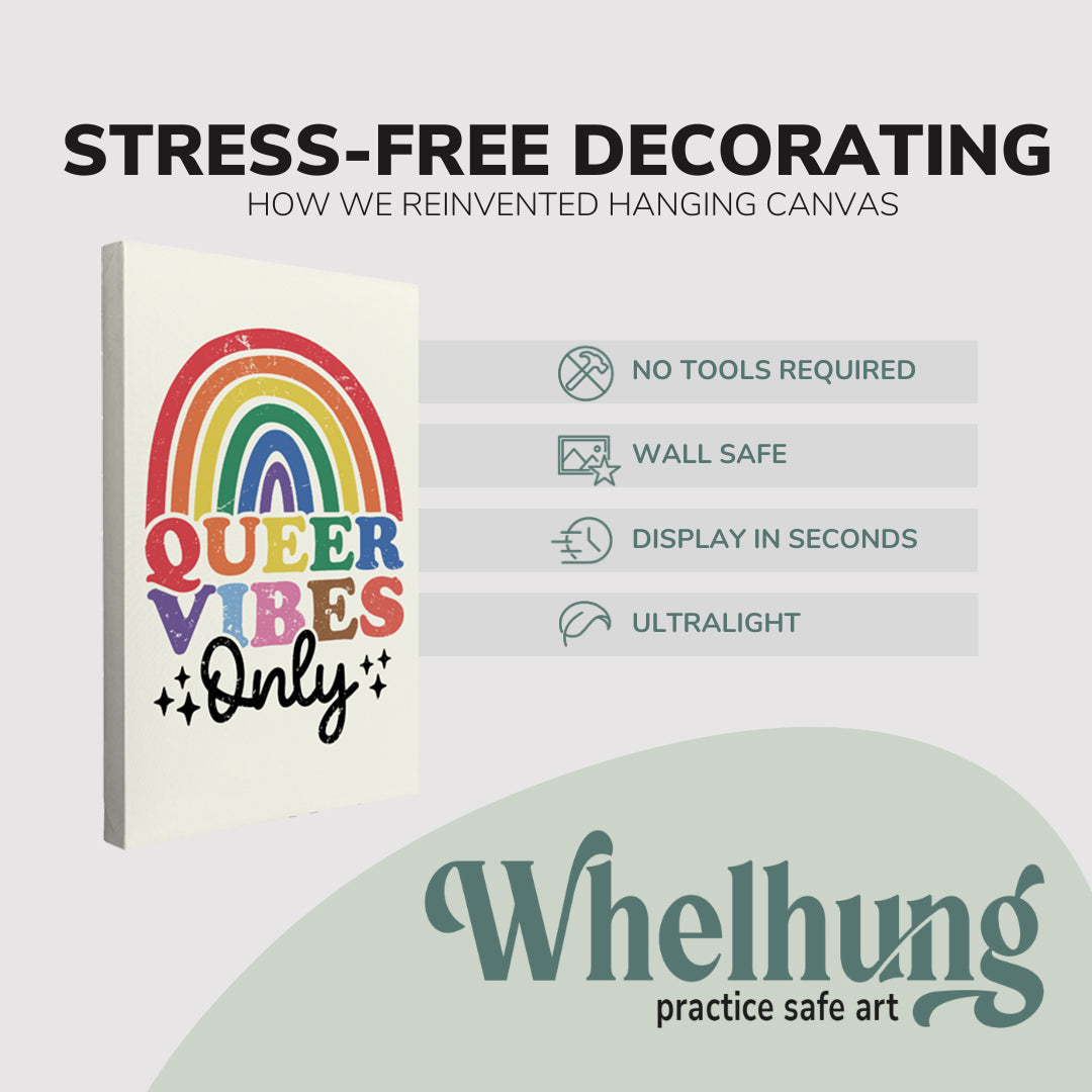 single, 2:3 vertical easy to hang canvas print on a graphic displaying the stress-free decorating Whelhung offers, how we reinvented hanging canvas: "no tools required", "wall safe"", "display in seconds" and "ultralight."