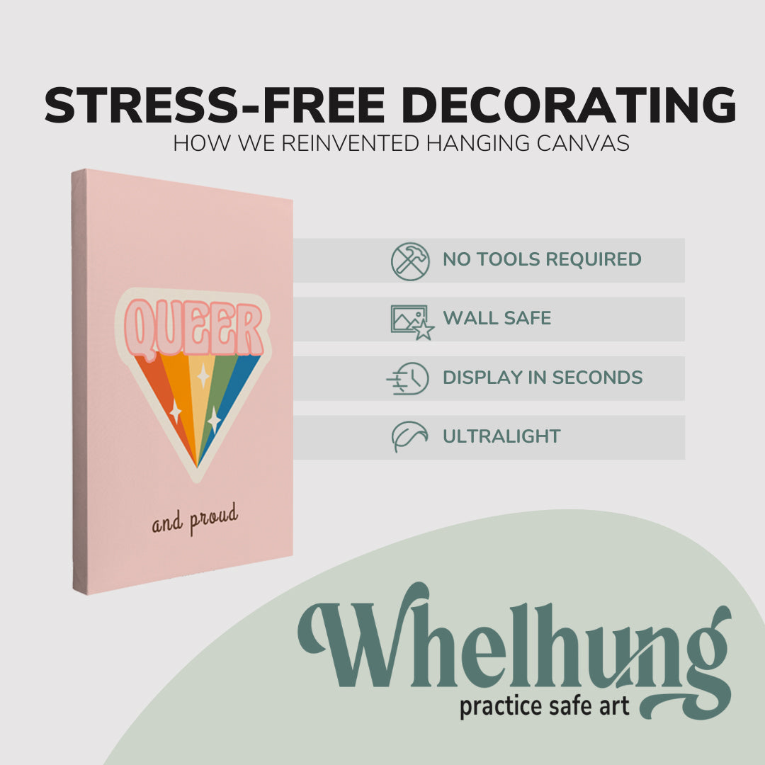 3 Panel, 2:3 vertical easy to hang canvas print on a graphic displaying the stress-free decorating Whelhung offers, how we reinvented hanging canvas: "no tools required", "wall safe"", "display in seconds" and "ultralight."