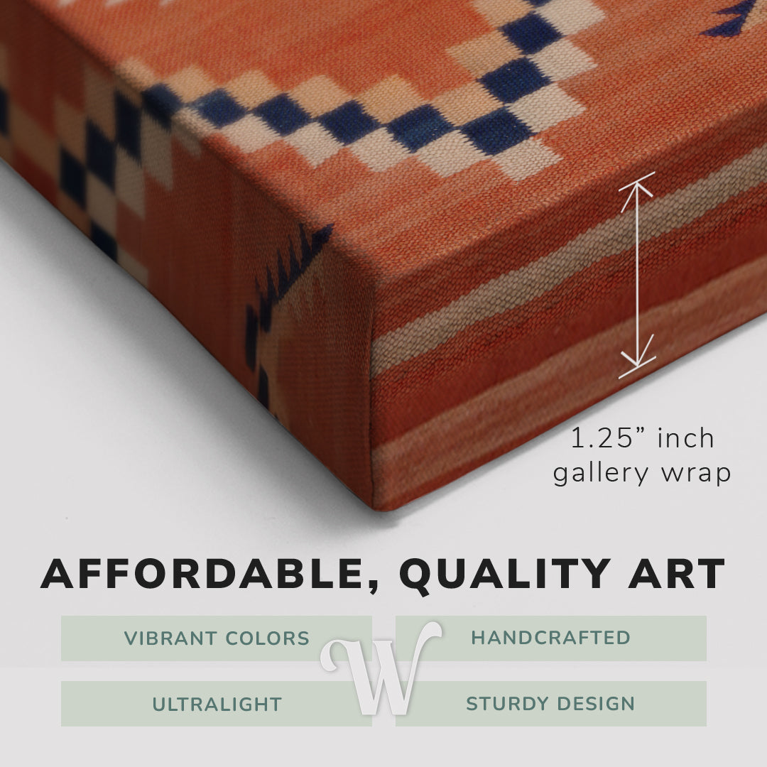 Corner shot of a Whelhung easy to hang canvas print showing the 1.25” inch gallery wrap thickness and graphic saying "Affordable, Quality Art", "Vibrant Colors", "Handcrafted", "Ultralight" and "Sturdy Design."