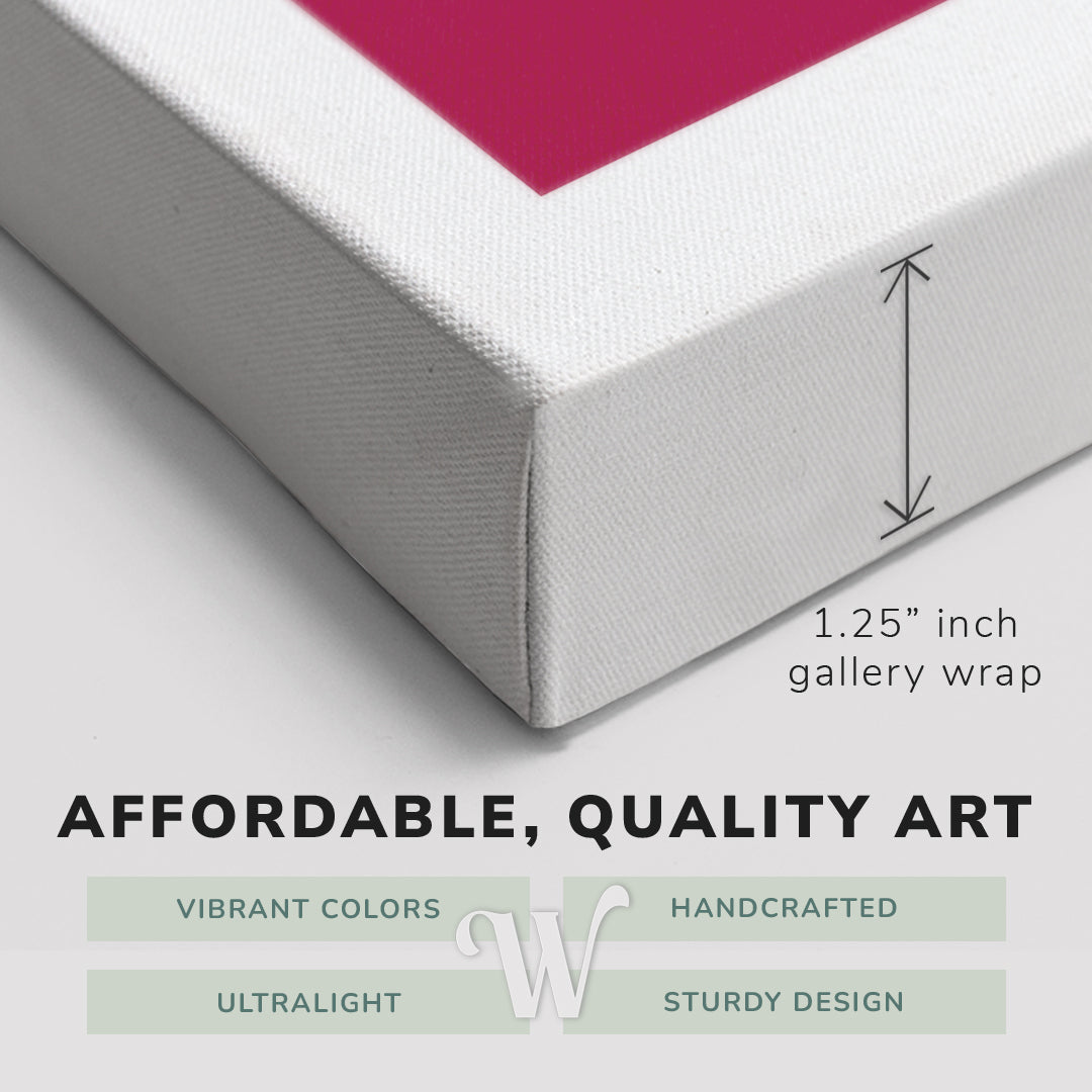 Corner shot of a Whelhung easy to hang canvas print showing the 1.25" inch gallery wrap thickness and graphic saying "Affordable, Quality Art", "Vibrant Colors", "Handcrafted", "Ultralight" and "Sturdy Design."