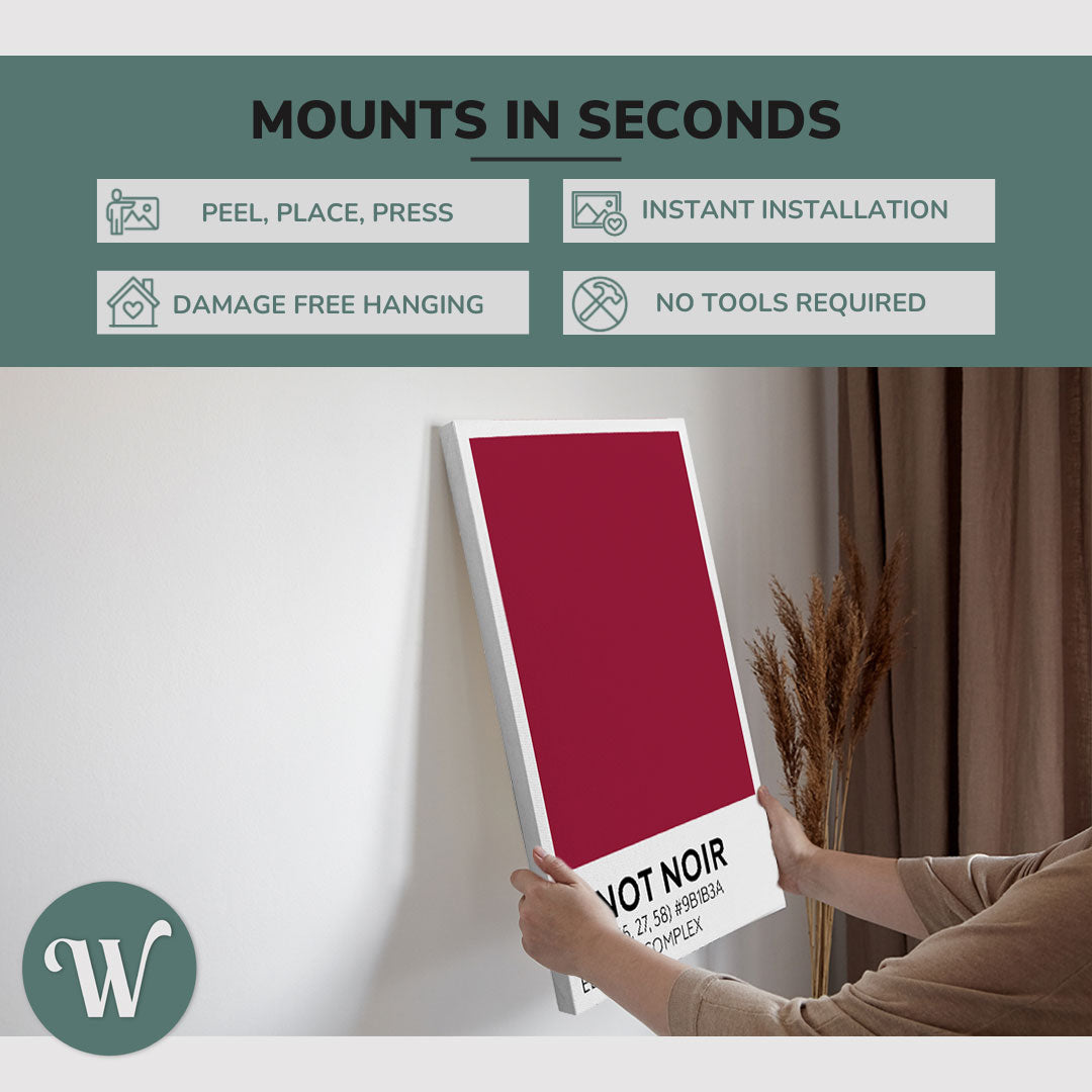 graphic showing hanging one of a 3 Panel 2:3 vertical 30x60 inch easy to hang canvas showing how easy it is to hang. Mounts in seconds, "peel, place, press", "instant installation", "damage free hanging" and "no tools required."