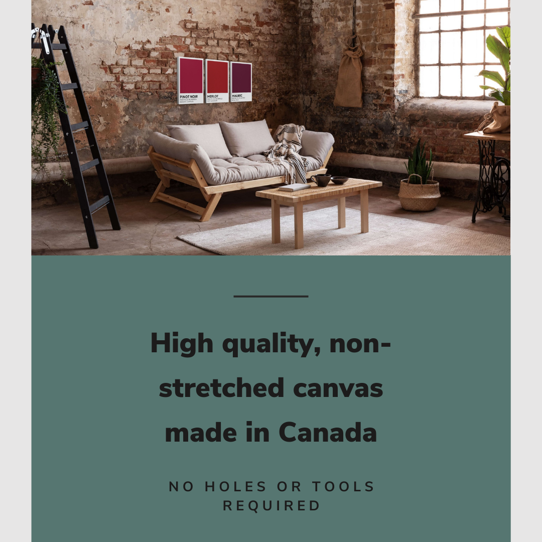 Lifestyle image of the vertical, 18x36 inch easy to hang canvas wall art hung in a living room above the couch and coffee table with graphic saying "High quality, non-stretched canvas made in Canada"