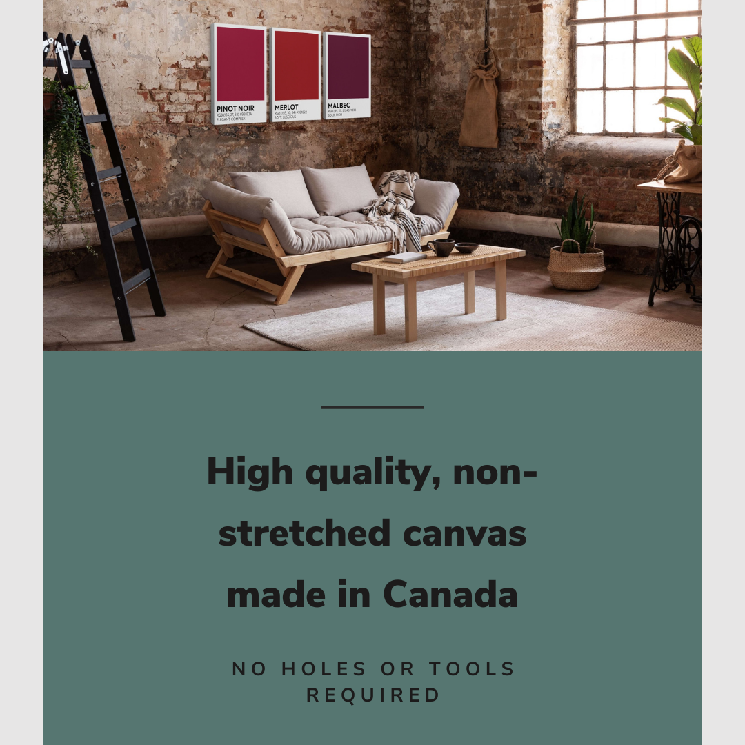 Lifestyle image of the vertical, 30x60 inch easy to hang canvas wall art hung in a living room above the couch and coffee table with graphic saying "High quality, non-stretched canvas made in Canada"