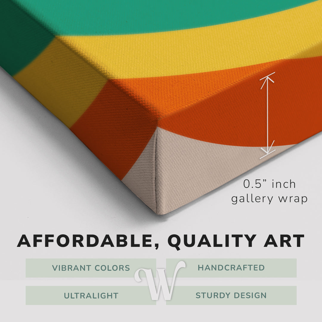 Corner shot of a Whelhung easy to hang canvas print showing the 0.5" inch gallery wrap thickness and graphic saying "Affordable, Quality Art", "Vibrant Colors", "Handcrafted", "Ultralight" and "Sturdy Design."