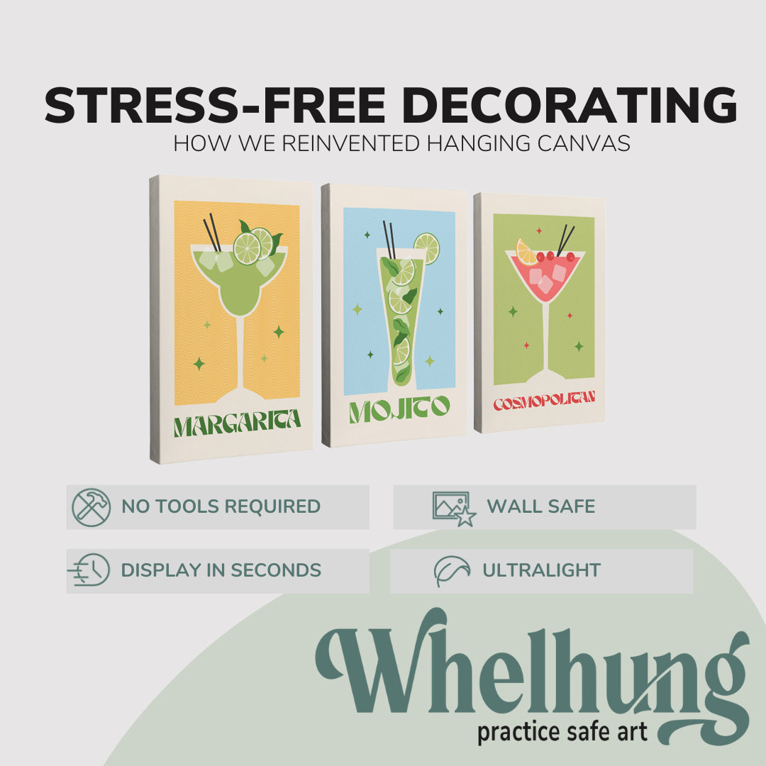 Set of 3, 2:3 vertical easy to hang canvas prints on a graphic displaying the stress-free decorating Whelhung offers, how we reinvented hanging canvas: "no tools required", "wall safe", "display in seconds" and "ultralight."