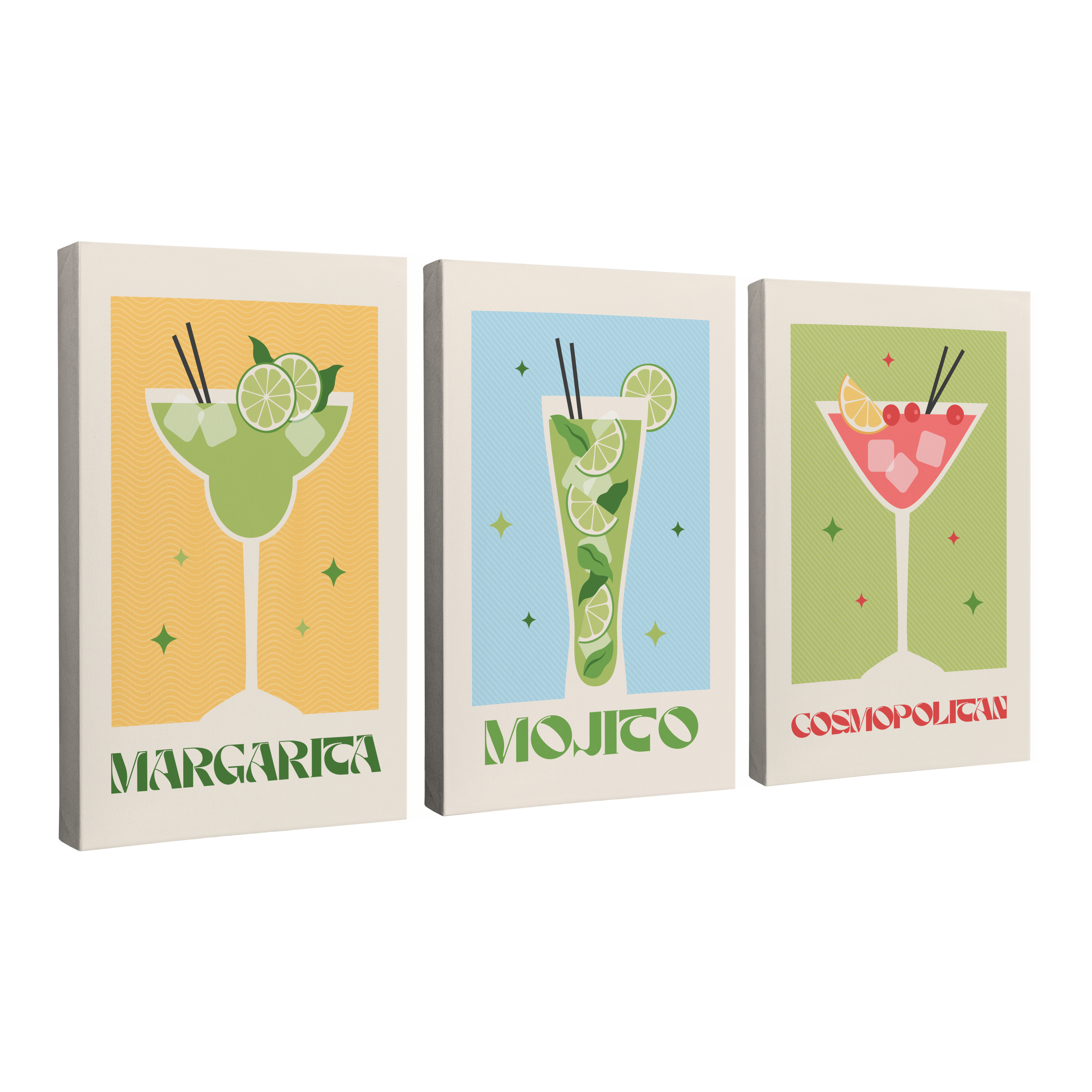 Set of 3, 2:3 vertical easy to hang canvas prints on a transparent background featuring images of three different cocktails, a margarita, a mojito and a cosmopolitan with retro font under them
