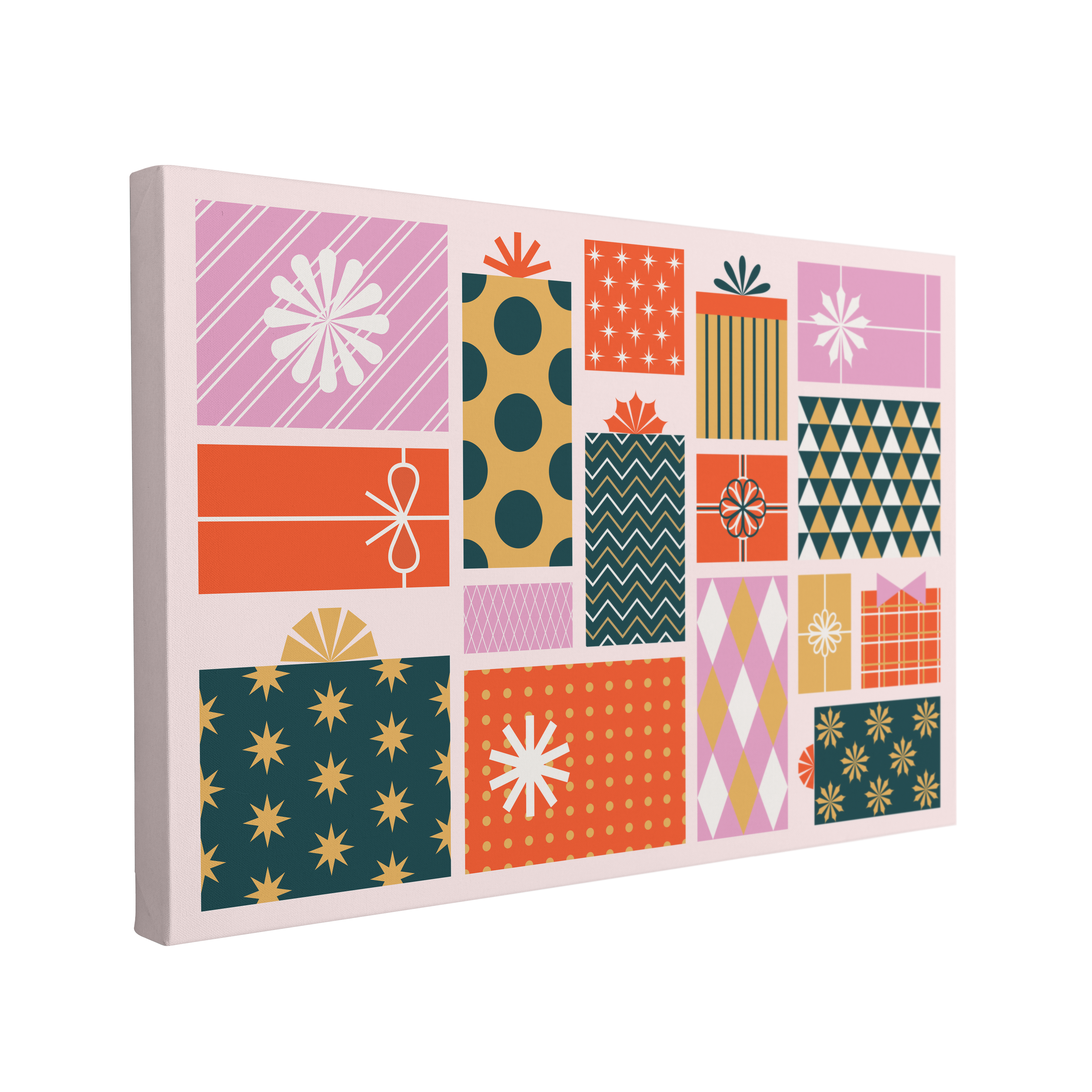 single, 2:3 horizontal easy to hang canvas print on a transparent background featuring an image of a group of geometric, square and rectangular christmas gifts wrapped in retro styled wrapping paper