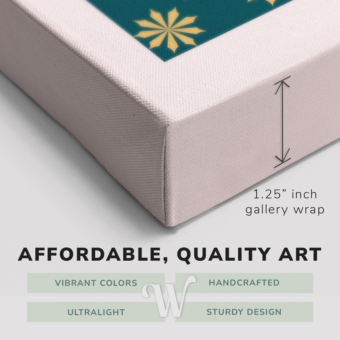 Corner shot of a Whelhung easy to hang canvas print showing the 1.25" inch gallery wrap thickness and graphic saying "Affordable, Quality Art", "Vibrant Colors", "Handcrafted", "Ultralight" and "Sturdy Design."
