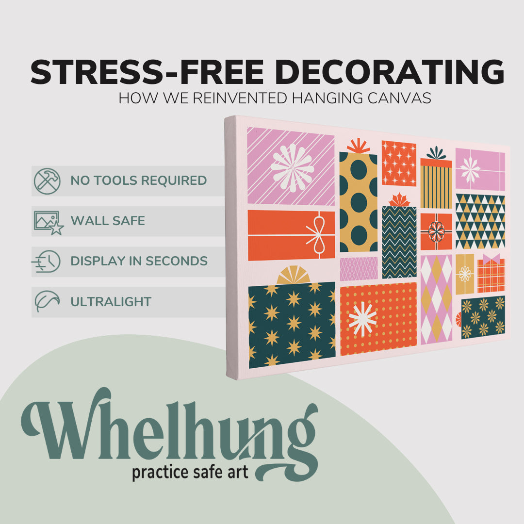 single, 2:3 horizontal easy to hang canvas print on a graphic displaying the stress-free decorating Whelhung offers, how we reinvented hanging canvas: "no tools required", "wall safe"", "display in seconds" and "ultralight."