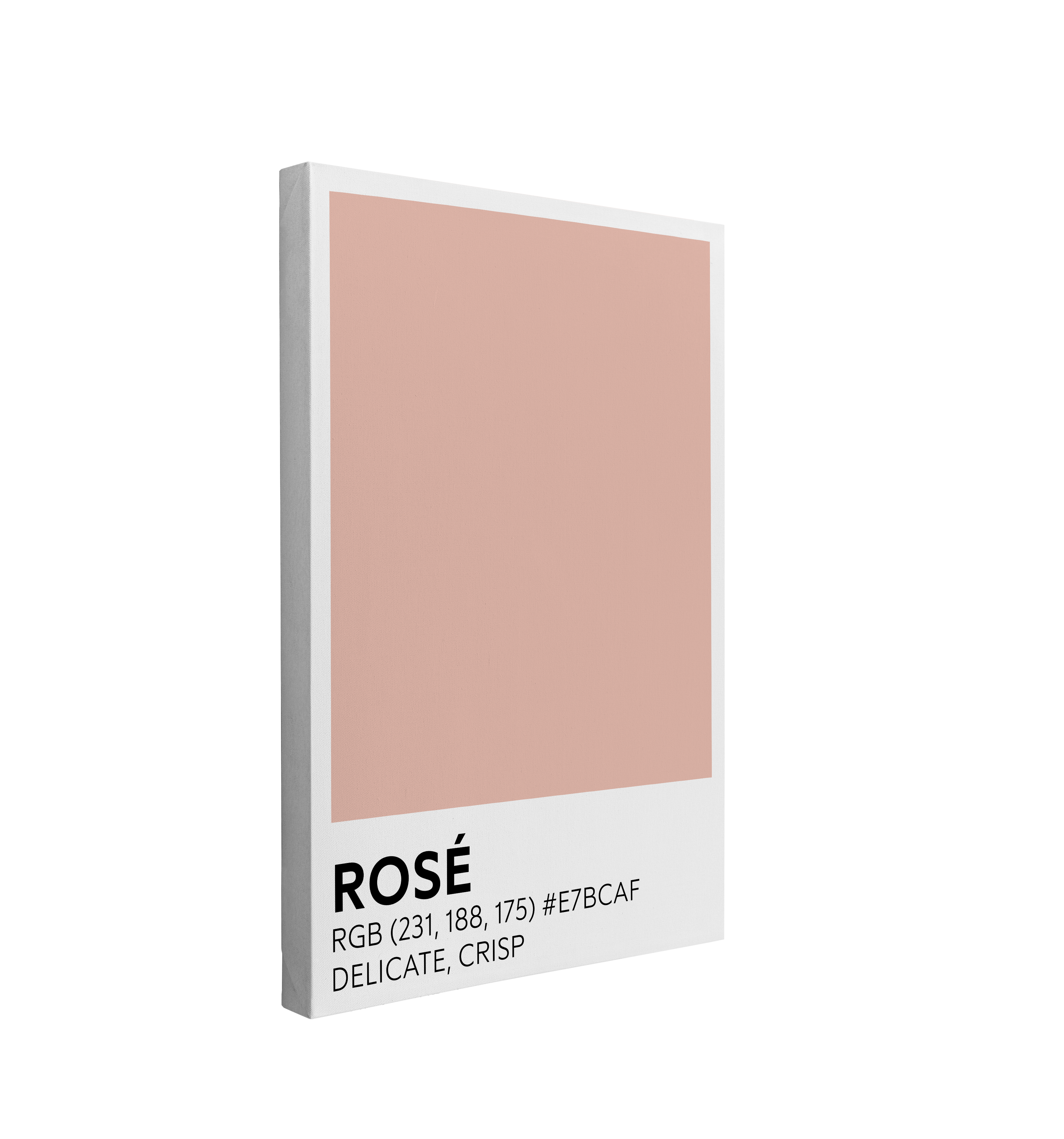 single, 2:3 vertical easy to hang canvas print on a transparent background featuring an image of a light pink color swatch labeled "Rosé" with the RBG code and a short taste description