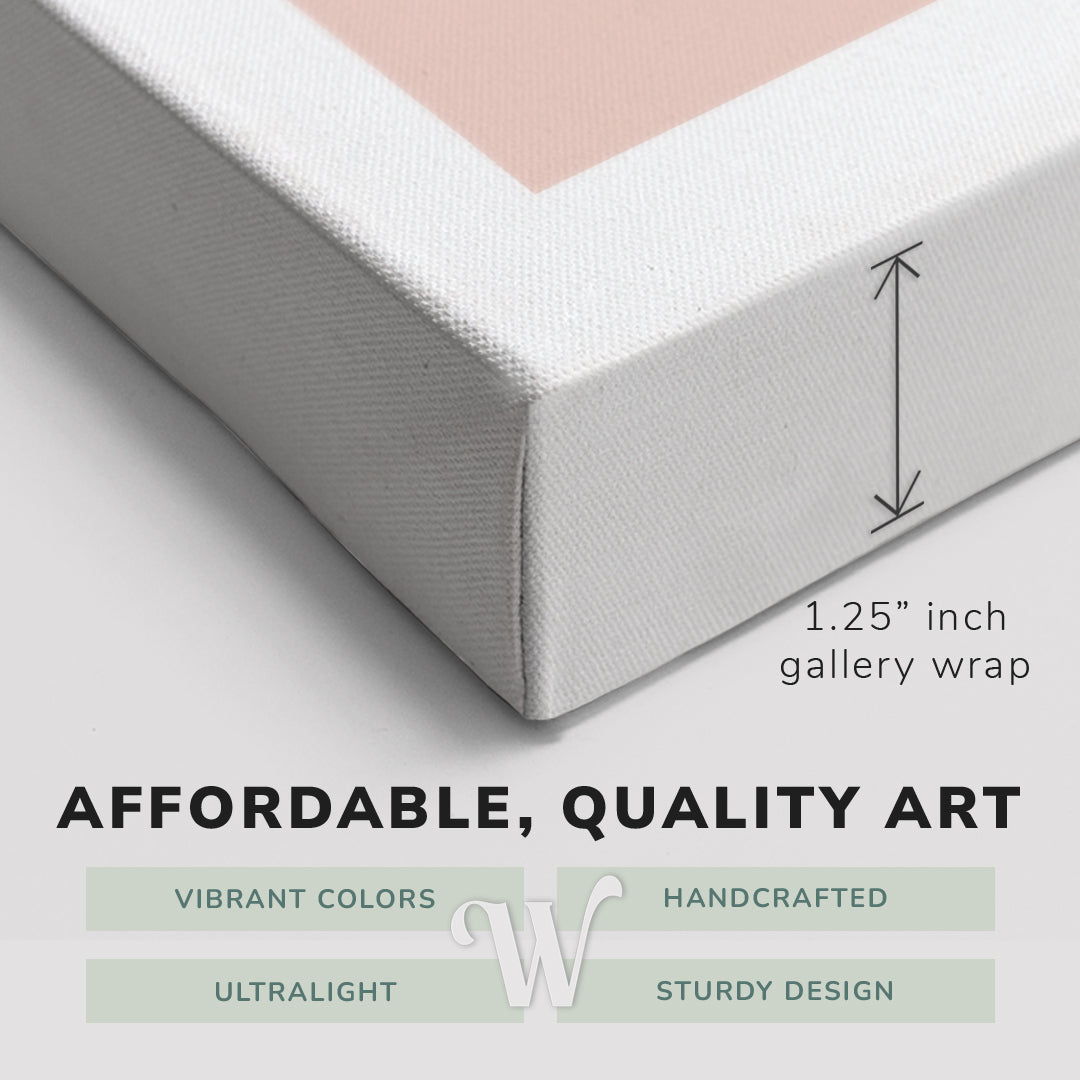 Corner shot of a Whelhung easy to hang canvas print showing the 1.25" inch gallery wrap thickness and graphic saying "Affordable, Quality Art", "Vibrant Colors", "Handcrafted", "Ultralight" and "Sturdy Design."