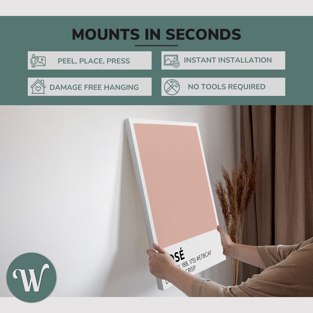 graphic showing hanging a single 2:3 vertical 20x30 inch easy to hang canvas showing how easy it is to hang. Mounts in seconds, "peel, place, press", "instant installation", "damage free hanging" and "no tools required."