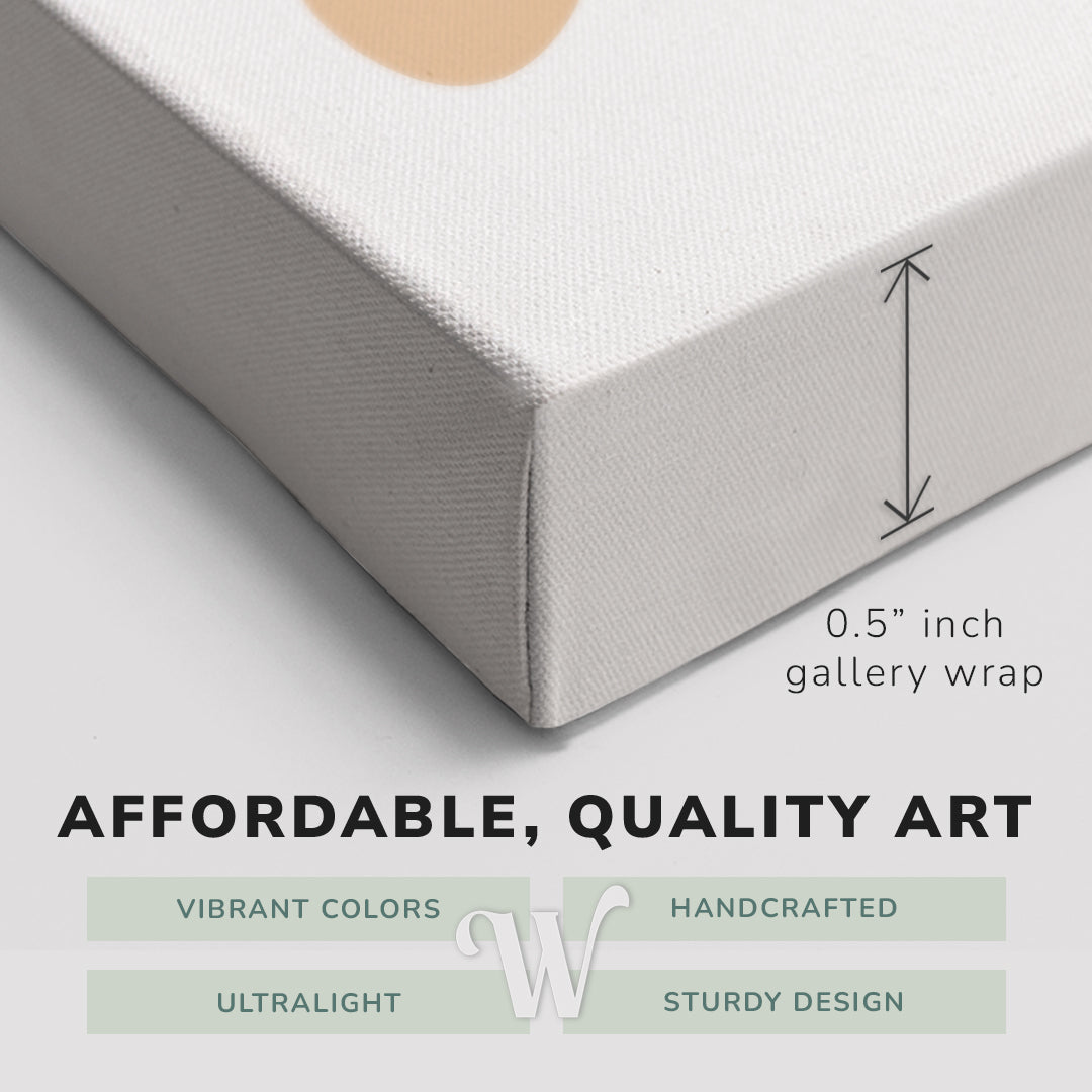 Corner shot of a Whelhung easy to hang canvas print showing the 0.5” inch gallery wrap thickness and graphic saying "Affordable, Quality Art", "Vibrant Colors", "Handcrafted", "Ultralight" and "Sturdy Design."