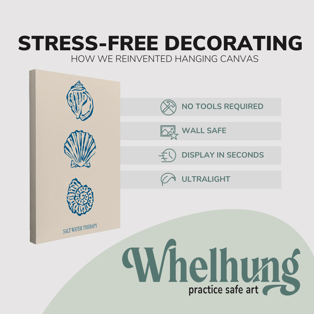 Single, 2:3 ratio vertical easy to hang canvas prints on a graphic displaying the stress-free decorating Whelhung offers, how we reinvented hanging canvas: "no tools required", "wall safe", "display in seconds" and "ultralight."