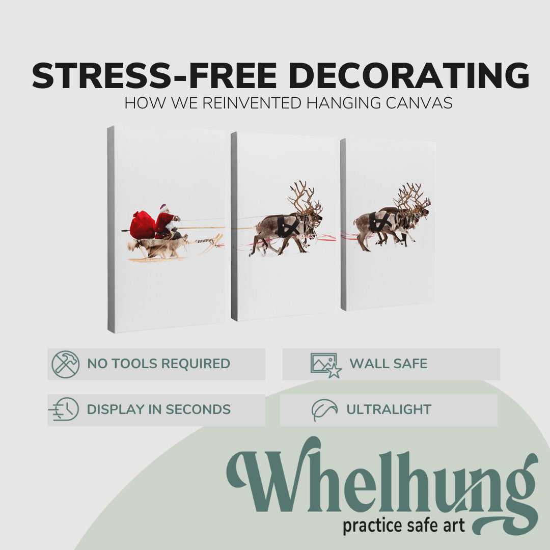 3 Panel, 2:3 vertical easy to hang canvas print on a graphic displaying the stress-free decorating Whelhung offers, how we reinvented hanging canvas: "no tools required", "wall safe"", "display in seconds" and "ultralight."