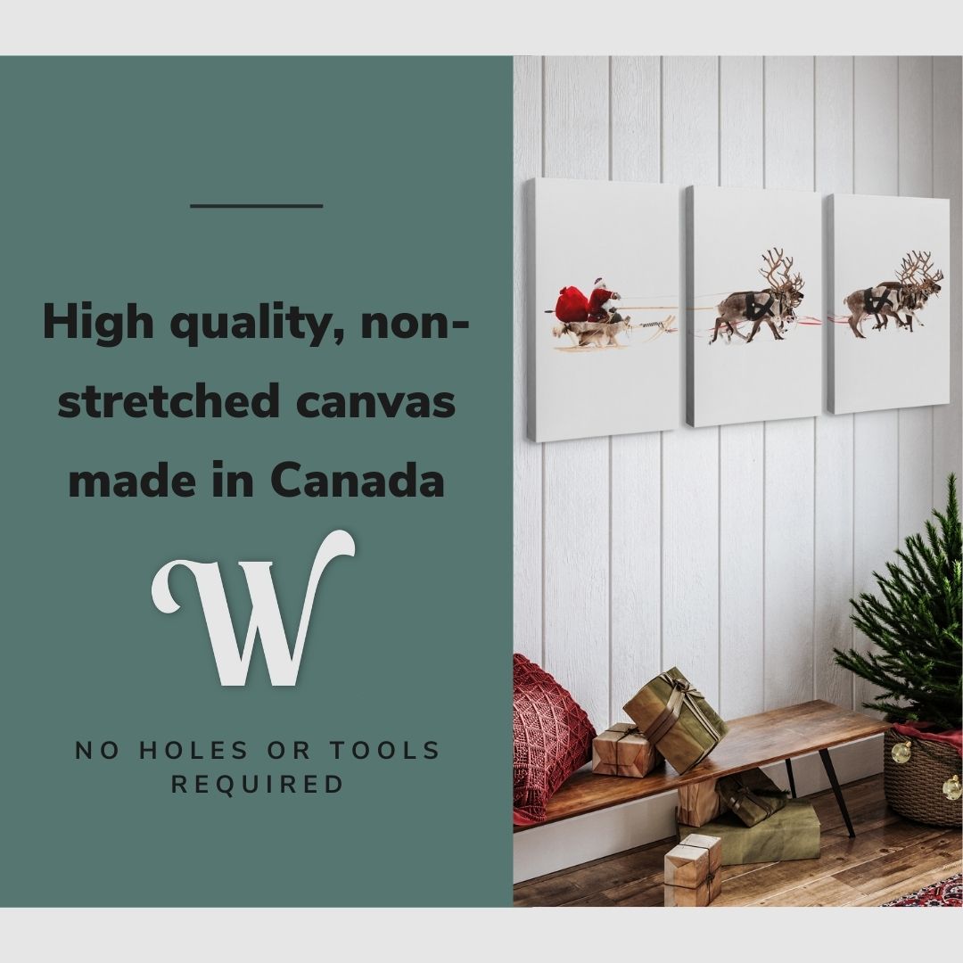 Lifestyle image of the vertical, 30x60 inch easy to hang canvas wall art hung in a foyer hung above a shoerack beside the front door with graphic saying "High quality, non-stretched canvas made in Canada"
