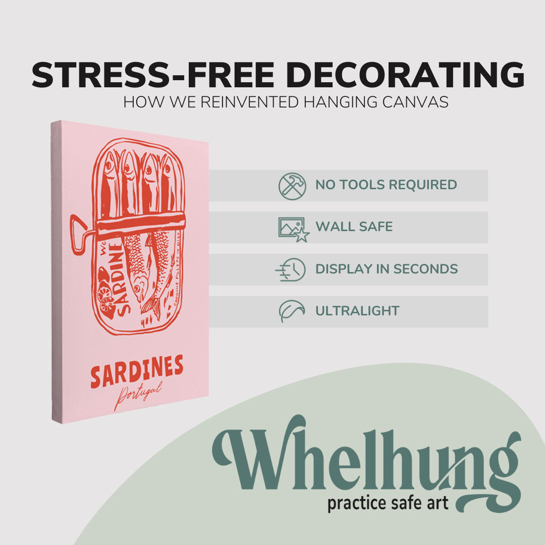 Single, 2:3 ratio vertical easy to hang canvas prints on a graphic displaying the stress-free decorating Whelhung offers, how we reinvented hanging canvas: "no tools required", "wall safe", "display in seconds" and "ultralight."