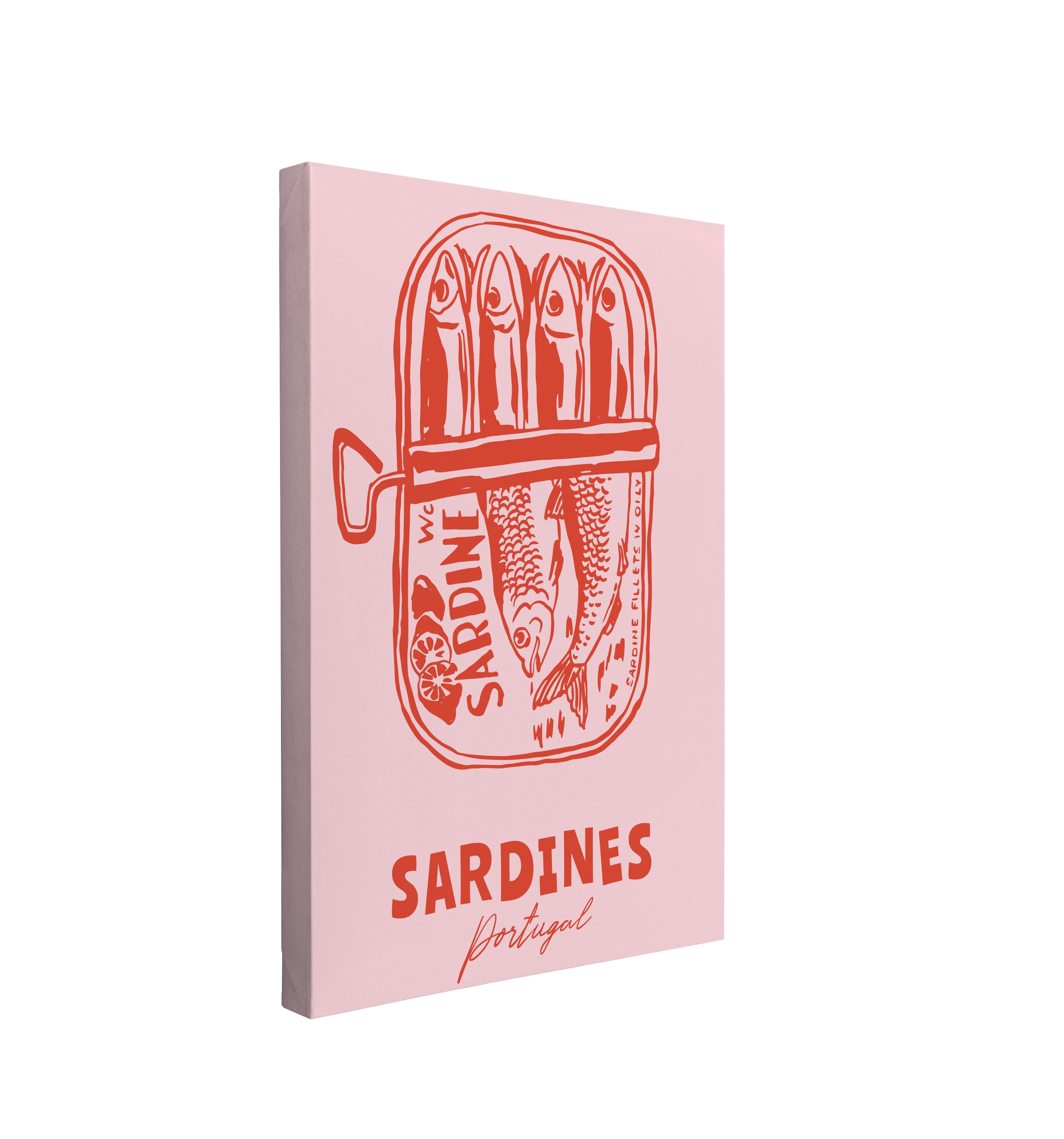 Single, 2:3 ratio vertical easy to hang canvas print on a transparent background featuring a red graphic of a can of sardines on a light pink background with words "Sardines" and "Portugal"