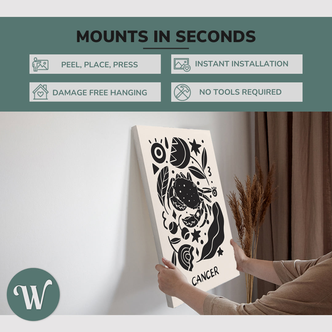 graphic showing hanging a single 2:3 vertical 20x30” inch easy to hang canvas showing how easy it is to hang. Mounts in seconds, "peel, place, press", "instant installation", "damage free hanging" and "no tools required."