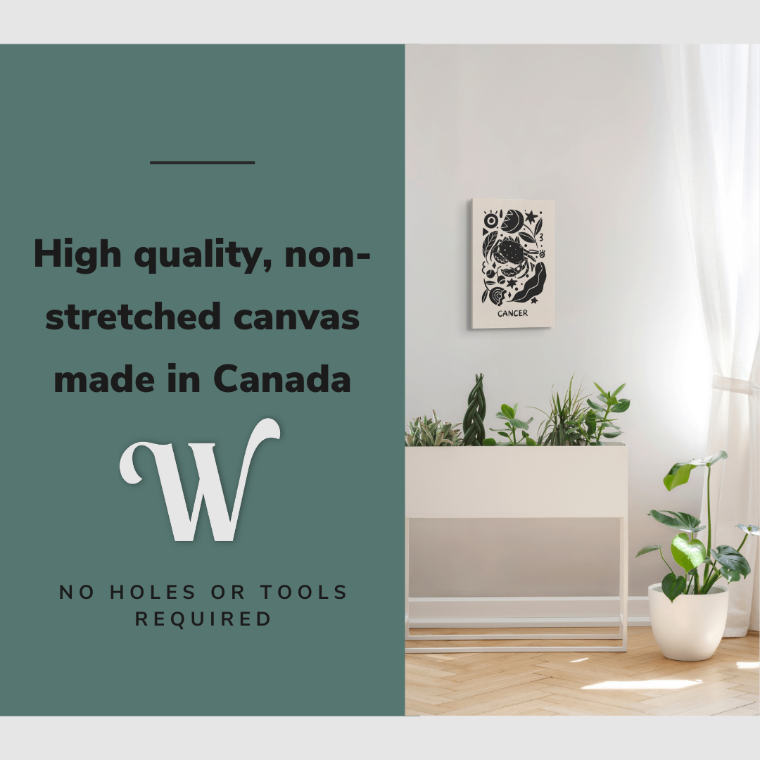 Lifestyle image of the vertical 12x18” inch easy to hang canvas wall art hung in a bedroom above a planter beside a window with graphic saying "High quality, non-stretched canvas made in Canada."