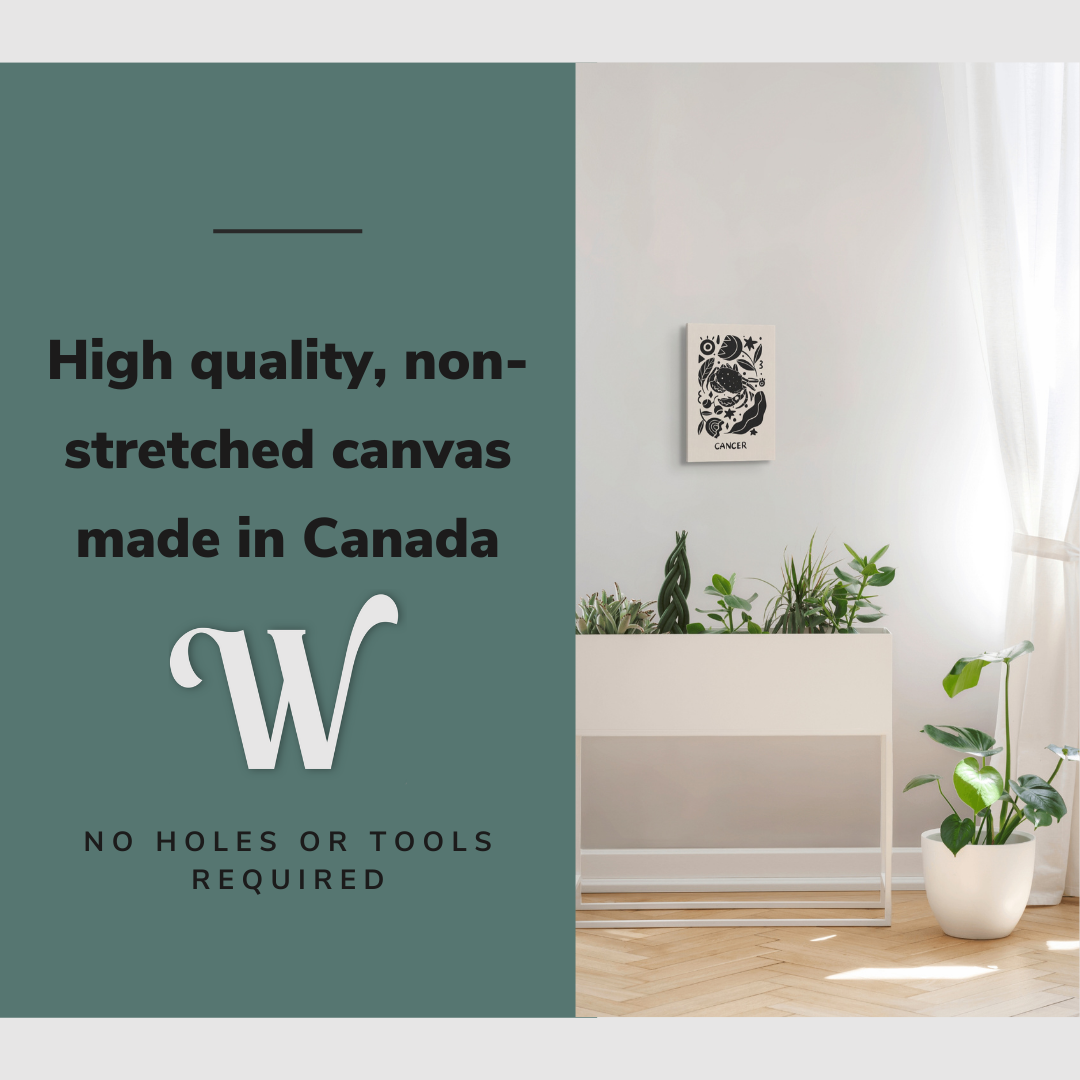 Lifestyle image of the vertical 16x24” inch easy to hang canvas wall art hung in a bedroom above a planter beside a window with graphic saying "High quality, non-stretched canvas made in Canada."