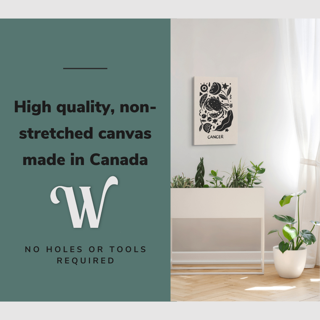 Lifestyle image of the vertical, 20x30” inch easy to hang canvas wall art hung in a bedroom above a planter beside a window with graphic saying "High quality, non-stretched canvas made in Canada"