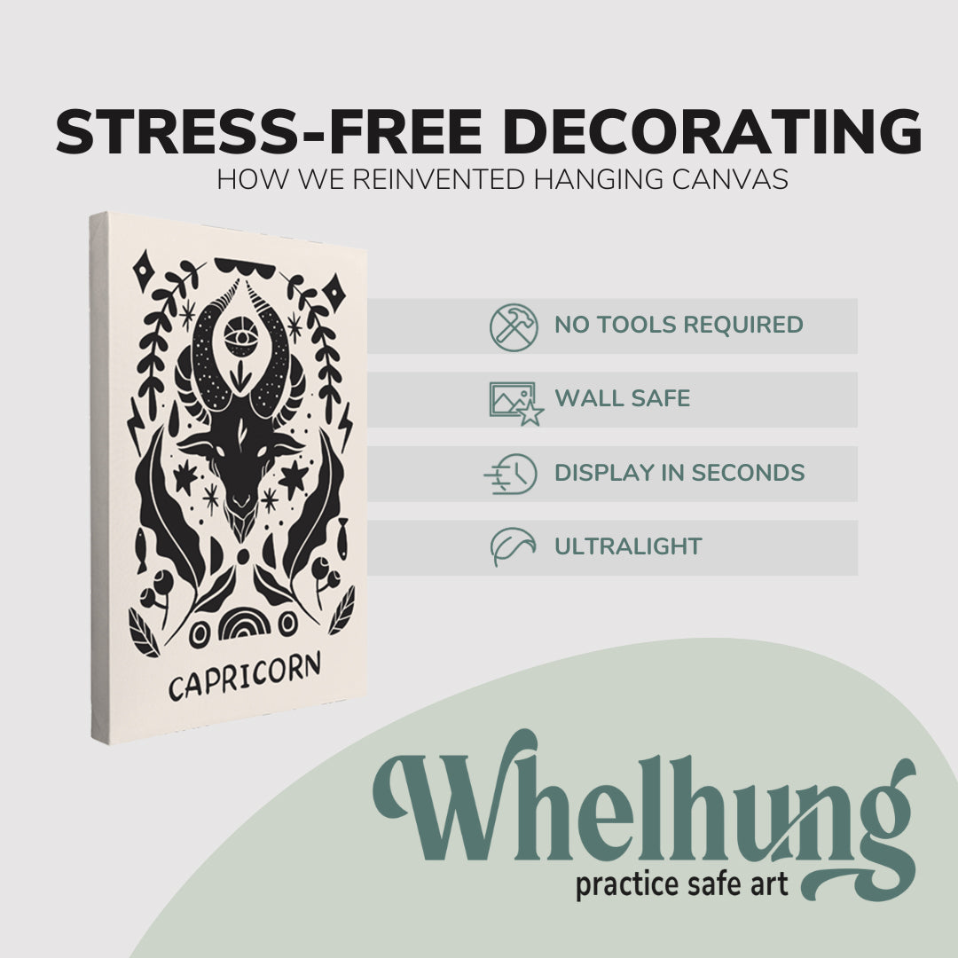 Single, 2:3 vertical easy to hang canvas print on a graphic displaying the stress-free decorating Whelhung offers, how we reinvented hanging canvas: "no tools required", "wall safe", "display in seconds" and "ultralight."