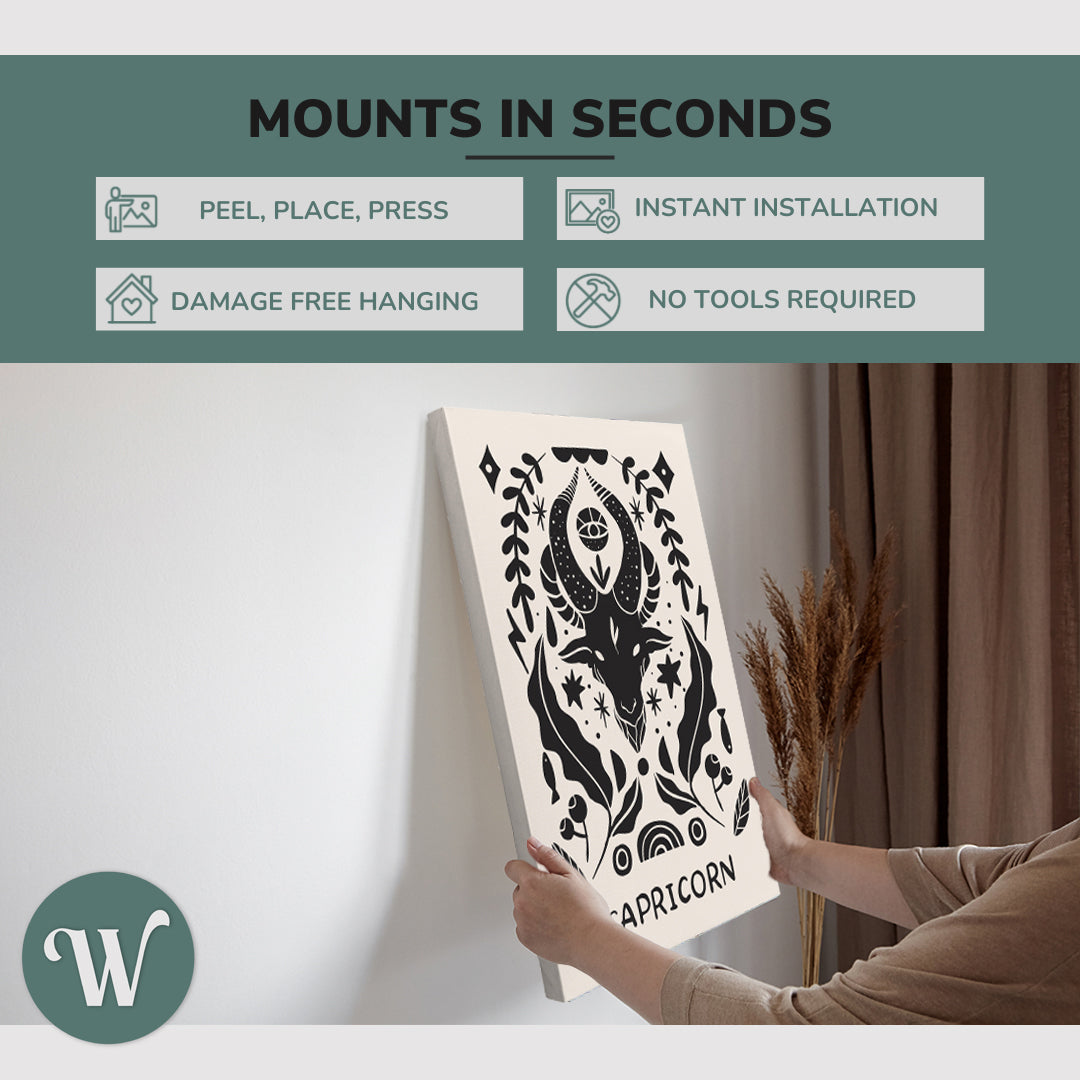 graphic showing hanging a single 2:3 vertical 20x30” inch easy to hang canvas showing how easy it is to hang. Mounts in seconds, "peel, place, press", "instant installation", "damage free hanging" and "no tools required."