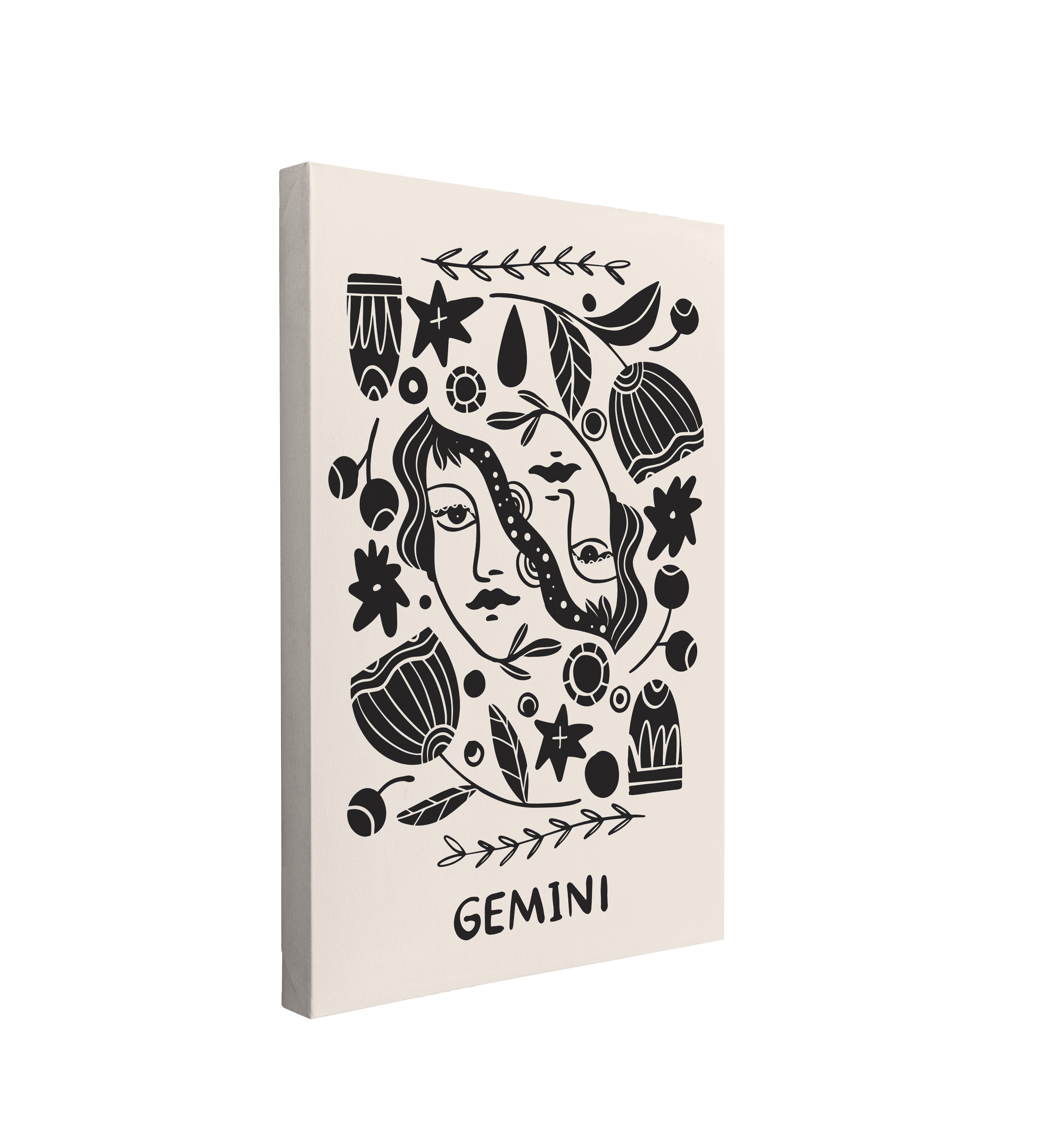 Single, 2:3 vertical easy to hang canvas print on a transparent background featuring an image of black and white interpretation of the Gemini zodiac sign, featuring two woman's faces surrounded by florals.