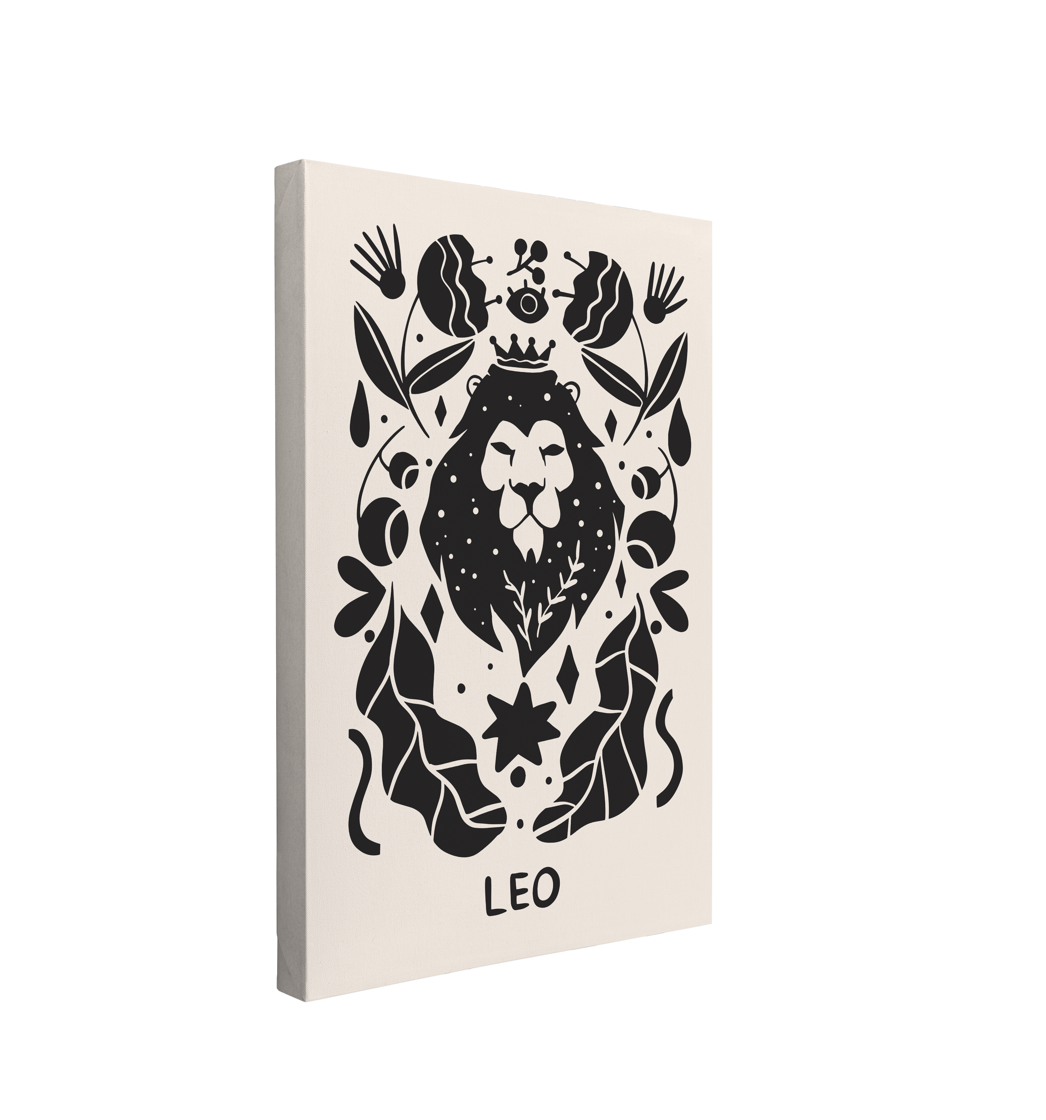 Single, 2:3 vertical easy to hang canvas print on a transparent background featuring an image of black and white interpretation of a lion's head surrounded by floral decal.